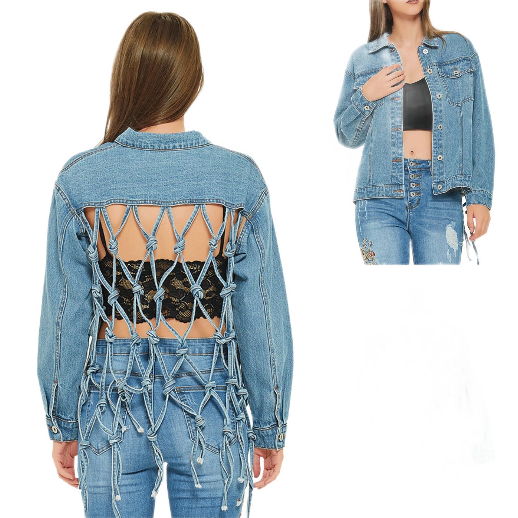 DorleToro Fringe Denim Fishnet Jacket for Women, Aesthetic Trendy Design Knot Fall Outfit