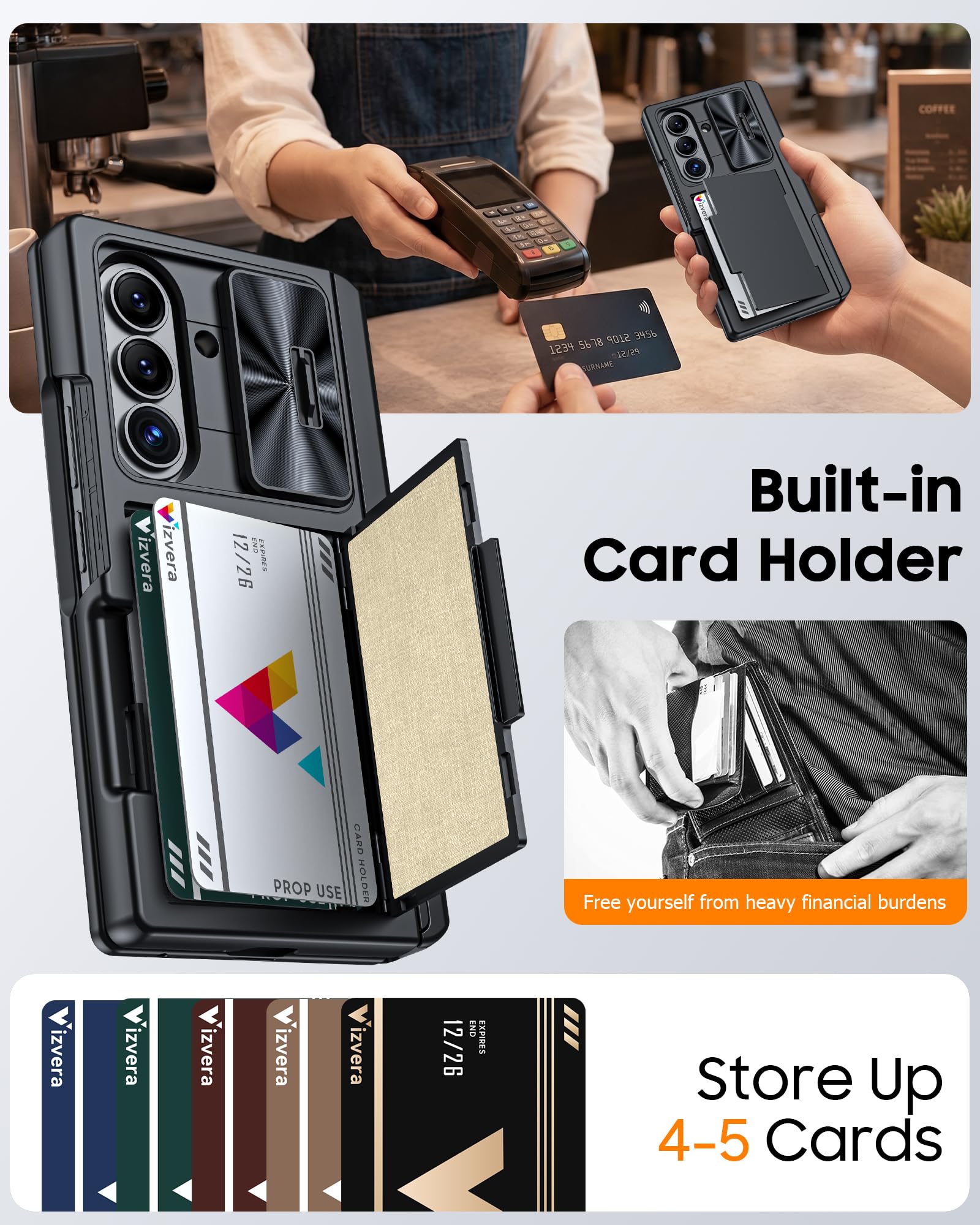 Vizvera Custodia per Samsung Galaxy Z Fold 8 Ultra 2026 con porta carte e supporto RFID, pellicola protettiva in vetro temperato HD, copertura per fotocamera scorrevole, protezione per cerniera