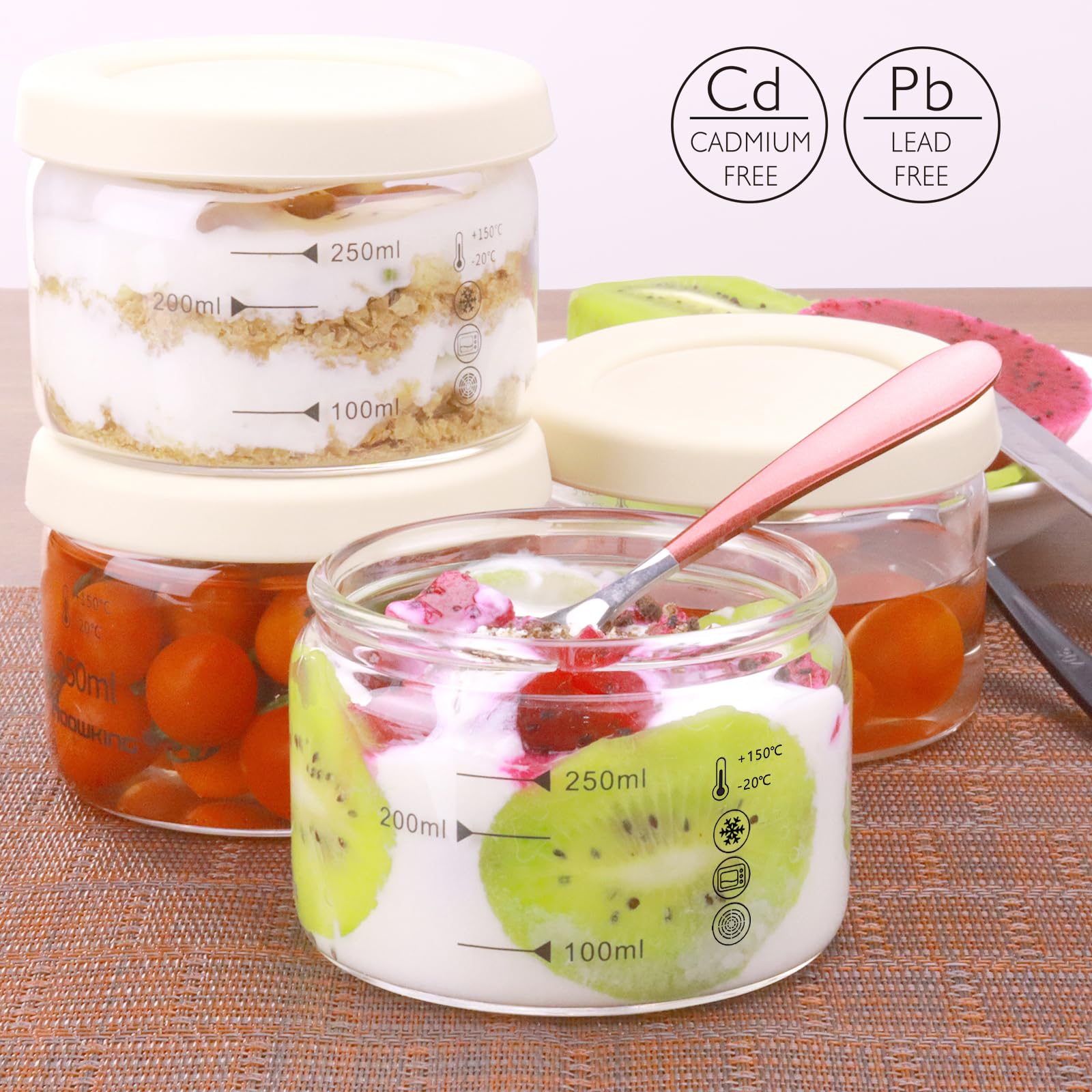 Vasos redondos de vidrio de pudín de 9 onzas, mini tazas de postre de vidrio con tapa, recipiente de comida de avena durante la noche con cubierta de sello de silicona, cuencos para vasos 3