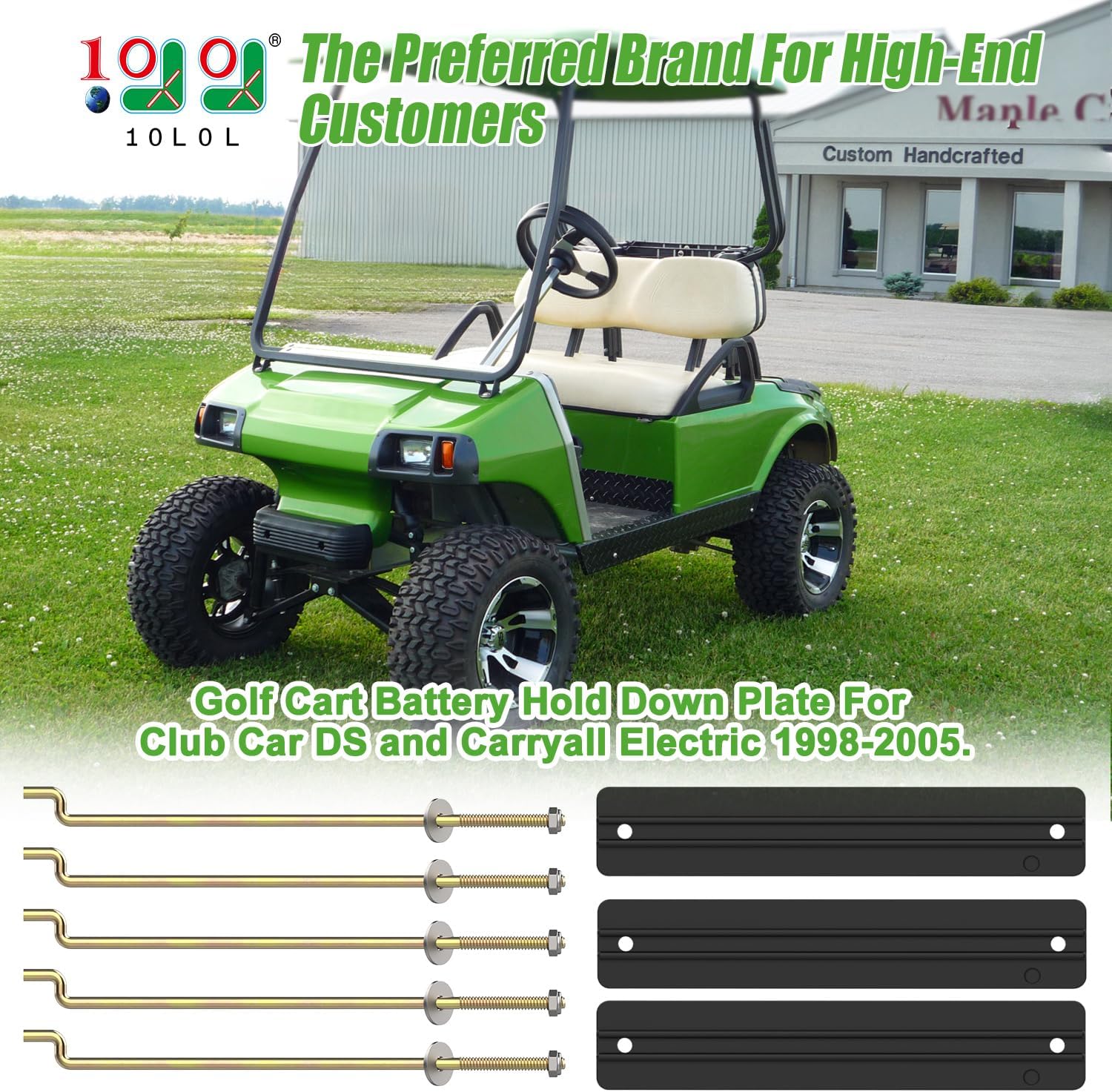 10L0L Battery Hold Down Plate Kit for Club Car DS and Carryall Electric 1998-2005 Golf Cart, Includes Rods & Nuts, OEM# 1013683 101090801