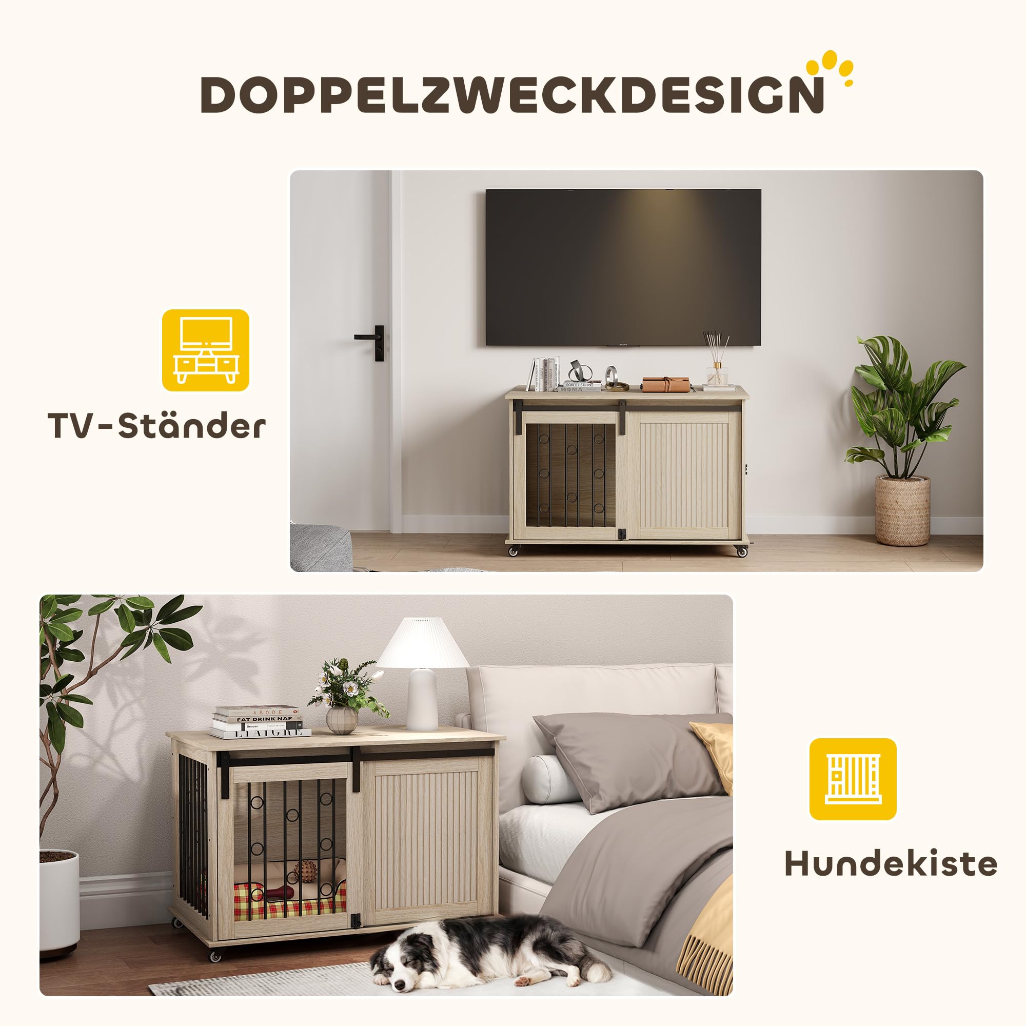 PawHut Hundekäfig Möbel Hundekäfig für Zuhause 100 cm Hundebox mit Rollen, Schiebetür, Seitentür Abschließbare Hundehütte für Mittelgroße, Große Hunde, Eiche