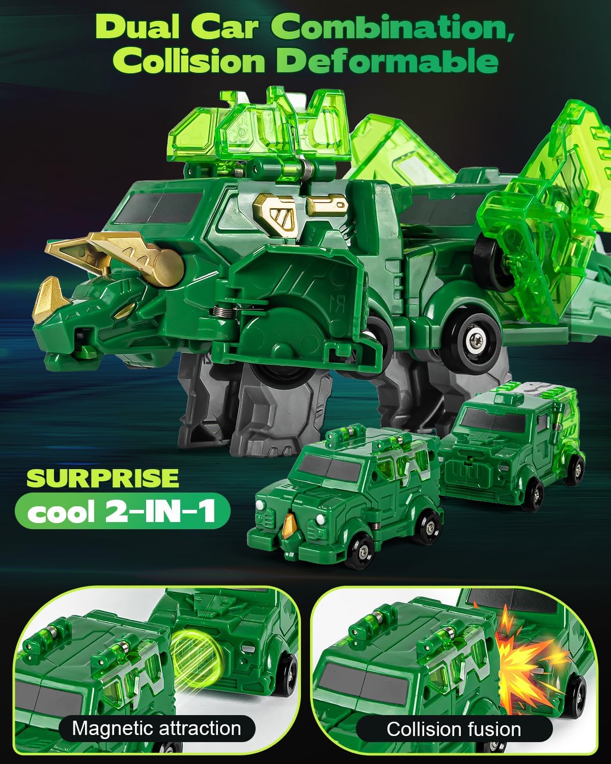 Collision Transforming Dinosaur Car Toys, 2 in 1 Magnetic Car Transform into Dinosaur Toys, Dino Robot Toy, Deformation Car Birthday Easter Party Gifts for Kids Boys Girls, Green