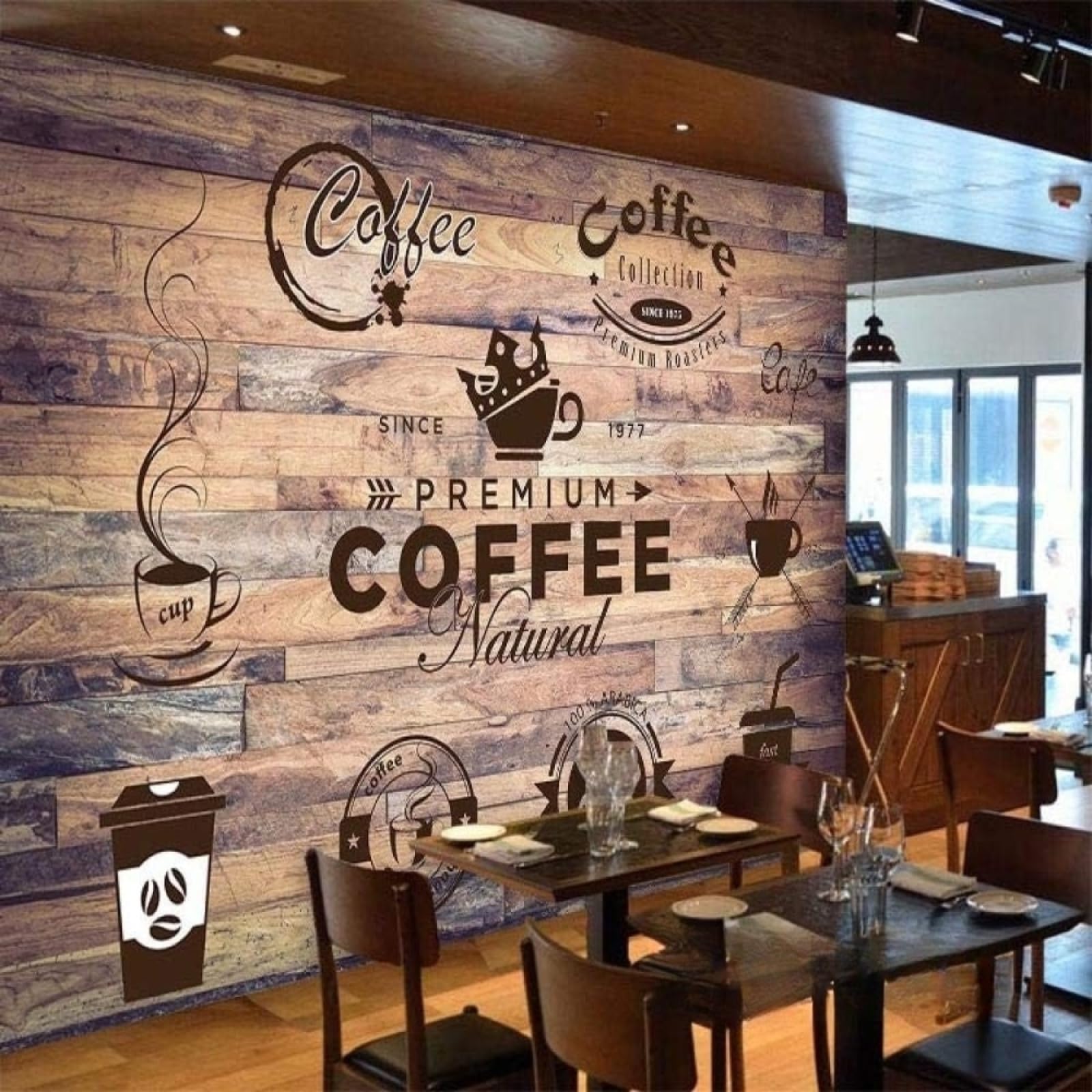 Papel pintado de madera retro para crear un rincon de cafe acogedor en tu cocina o comedor