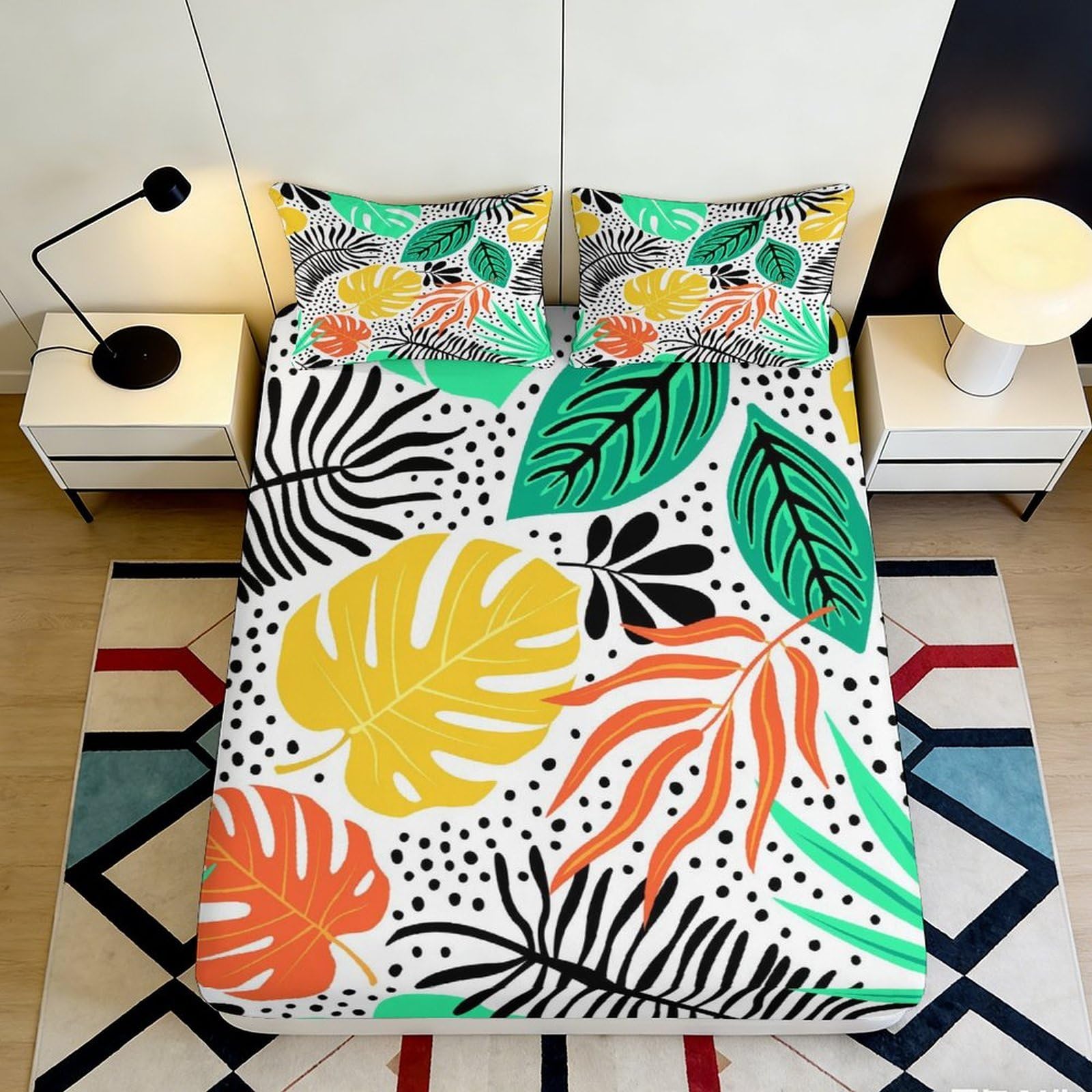 Jqzkxnhpbr Style-1 3D Printed Tropical Leaf Fitted Sheet Microfiber Vibrant Botanical Bed Cover Bedroom Decor Mattress Protection 90X200x25cm