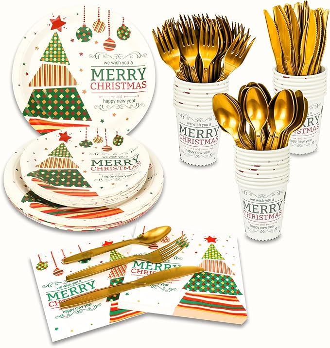 175 Pcs Disposable Christmas Party Supplies Party Tableware Set Happy Christmas