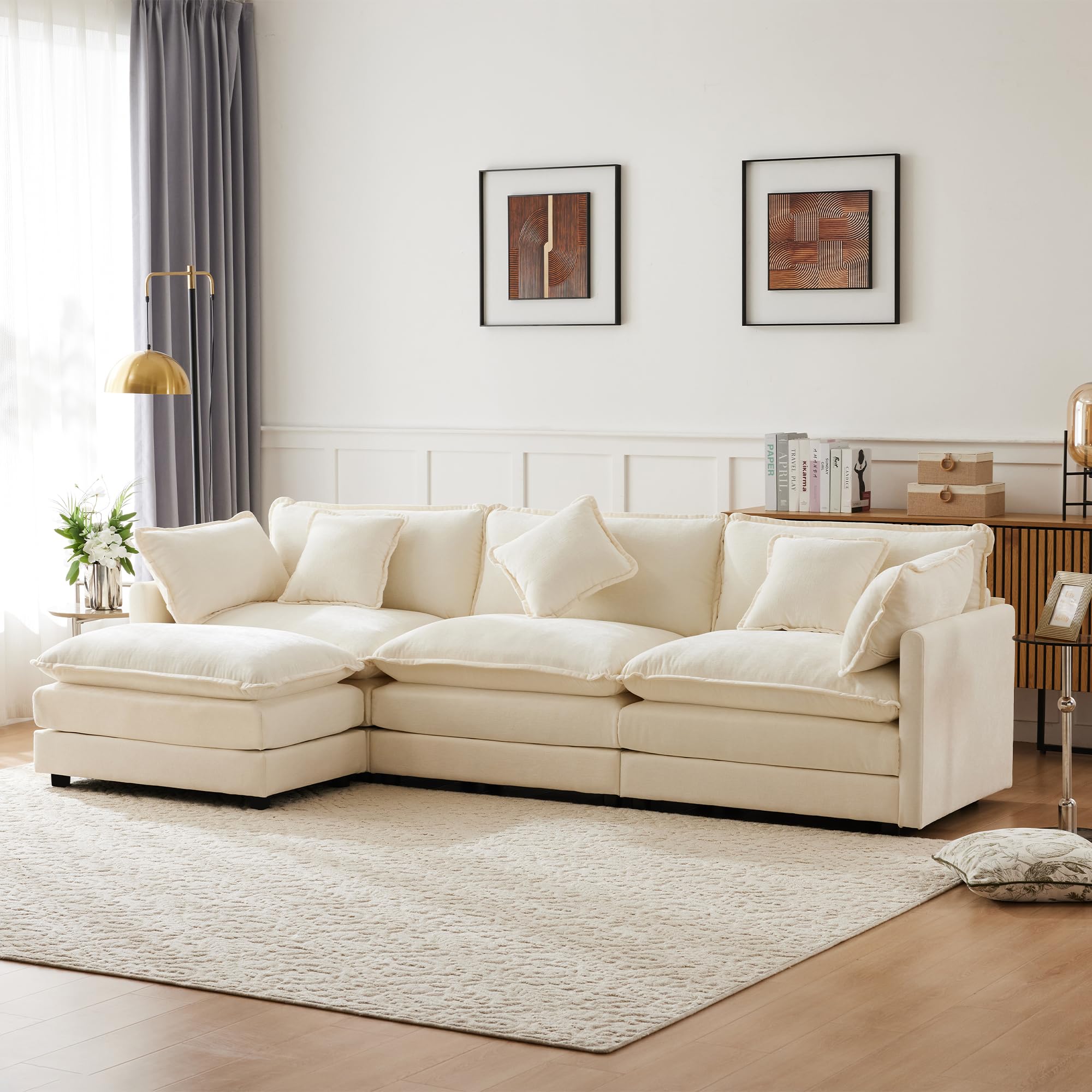 Kebnor Diseño moderno, muebles tapizados, tela de chenilla, sofá de tres plazas, sofá tapizado, sofá esquinero con reposapiés, sofá esquinero en forma de L, adecuado para salón y dormitorio (beige)