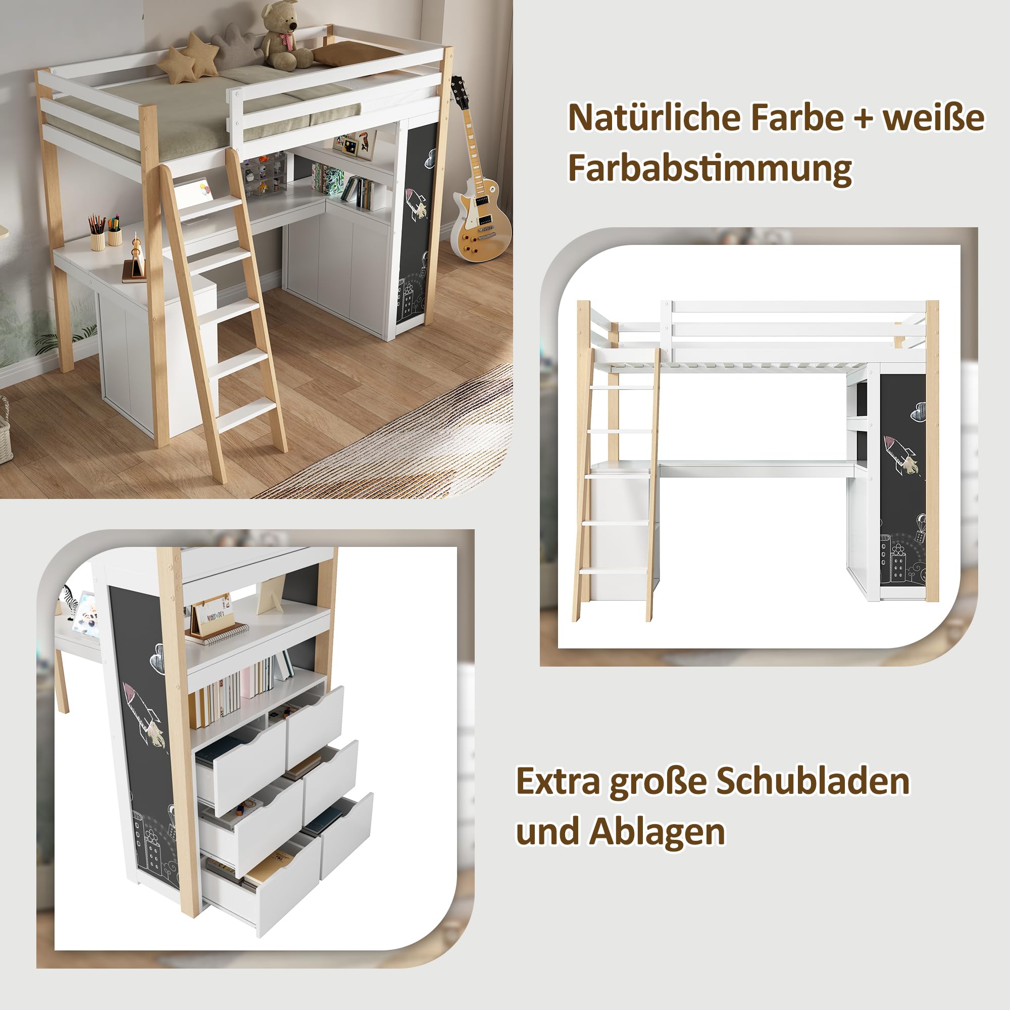Sapgaks Lit superposé Enfants 90x200 avec Bureau,lit Mezzanine 1 Places 90x200 avec Compartiment de Rangement,avec échelle,Grand tiroir, Tableau Noir,étagère,Blanc + Naturel