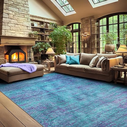 Miniatura 4 de Alfombra abstracta de 5 x 7 pies, moderna, color verde azulado y morado, para sala de estar, lavable, suave, grande, antideslizante, para comedor,