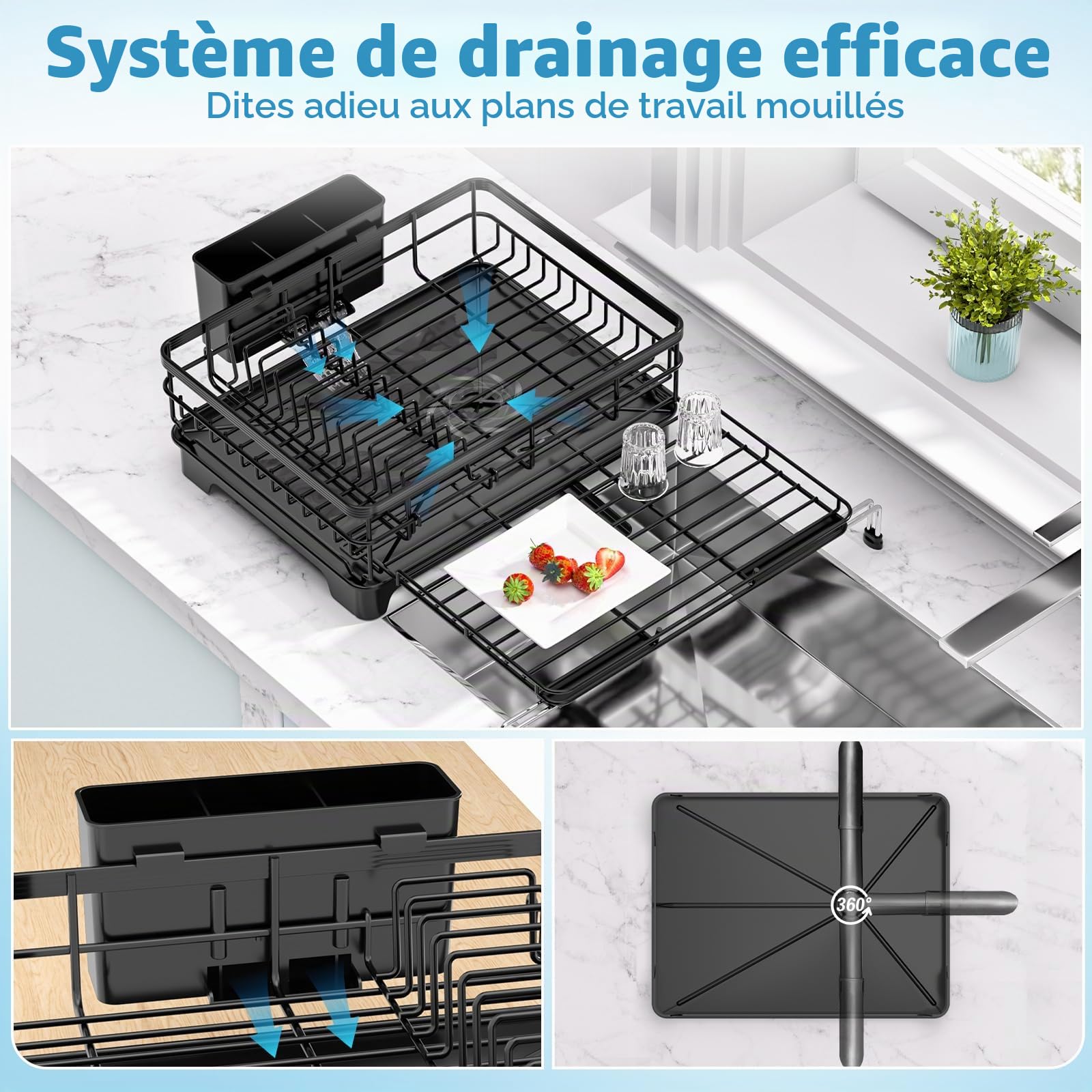 Expandable Dish Drying Rack with Utensil Holder and Drip Tray, Kitchen Counter Drying Rack with Swivel Drainage Spout, Drainer on Sink, Black