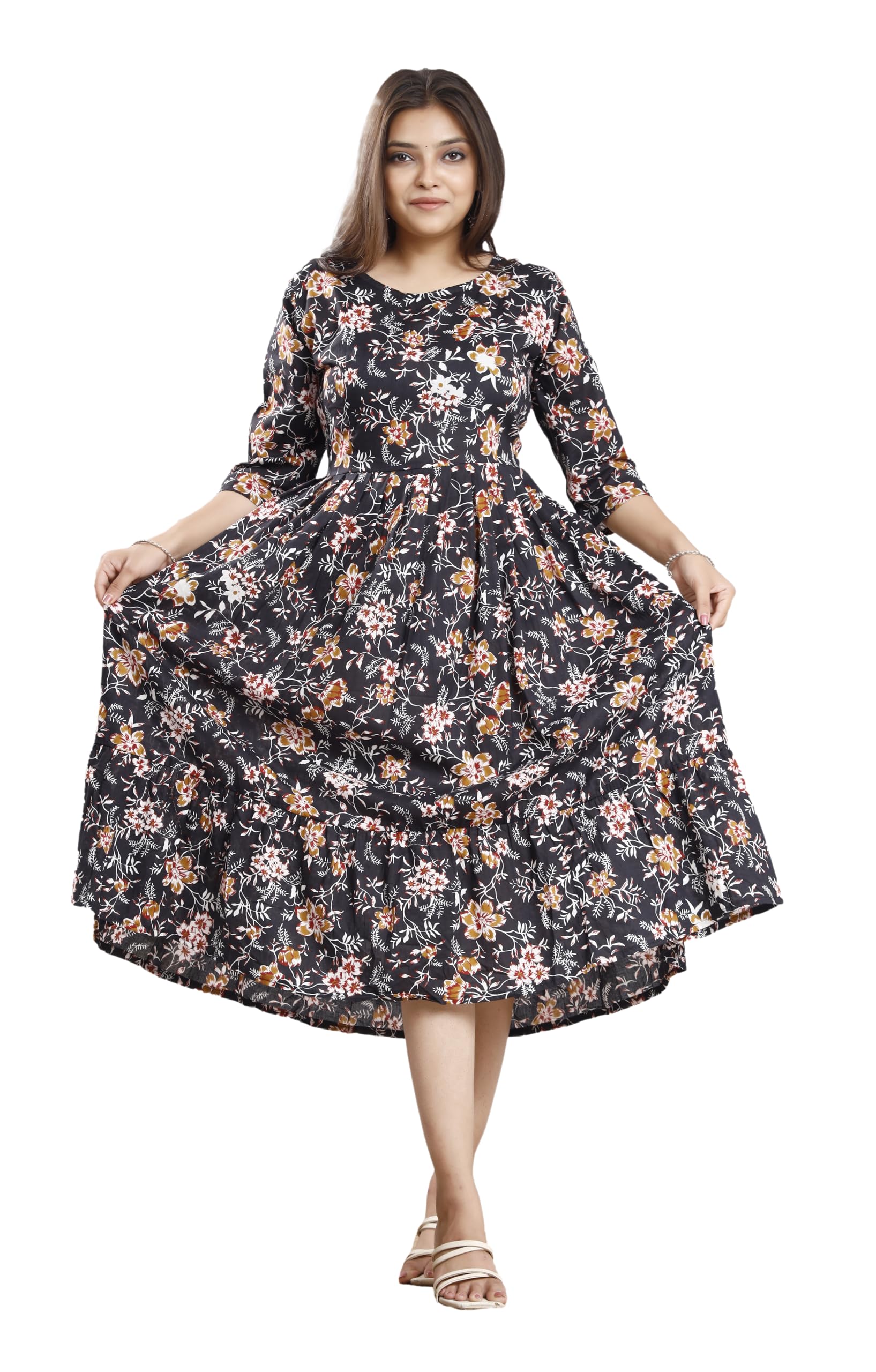 Adhishree trends Stylish Red Printed Anarkali Kurti Cotton Midi Dress for Women- Flared Western Dress -S-3XL