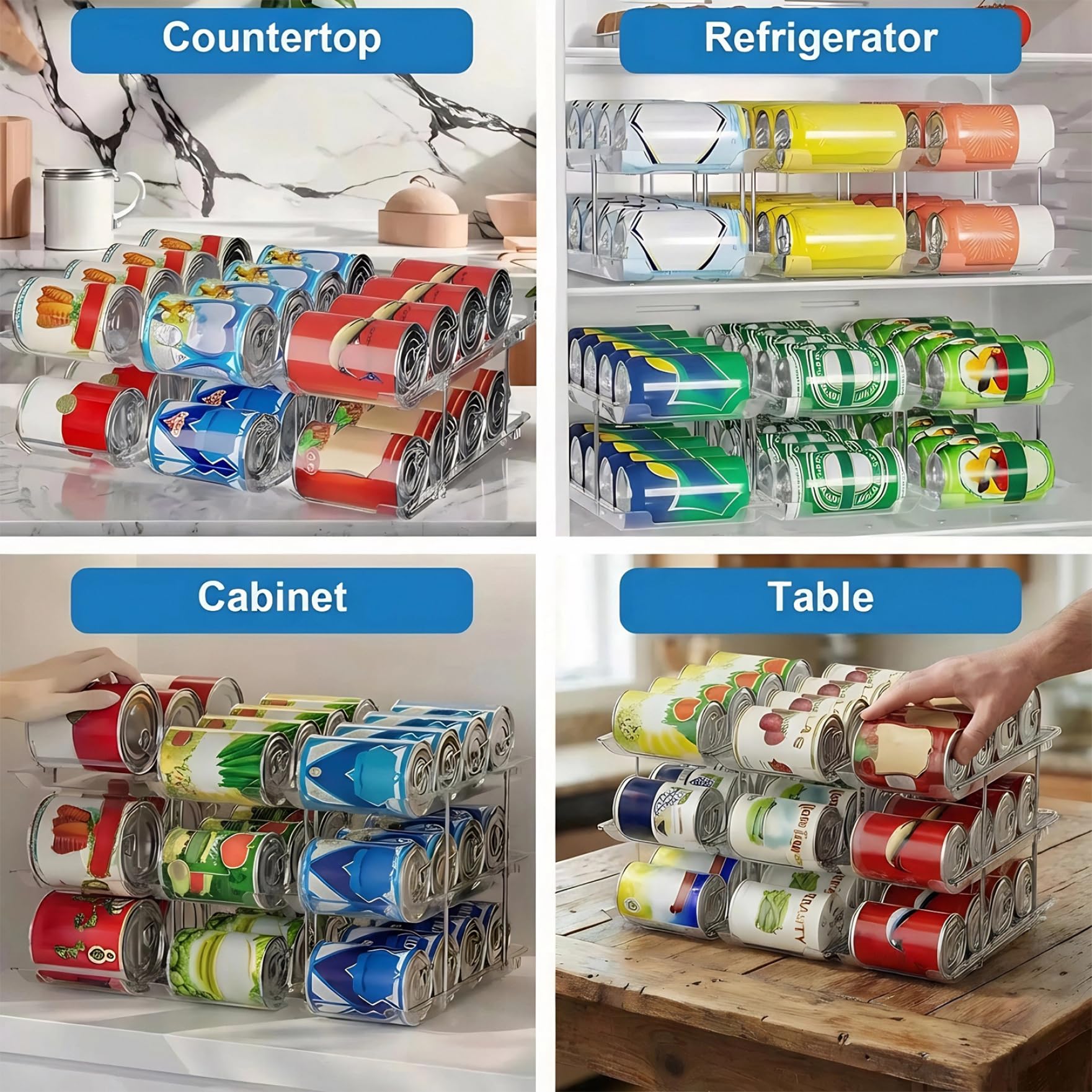 Soportes para latas para despensa Organizador de latas de plástico transparente de 3 niveles para gabinete de cocina, refrigerador, mostrador, almacenamiento, dispensador de alimentos enlatados
