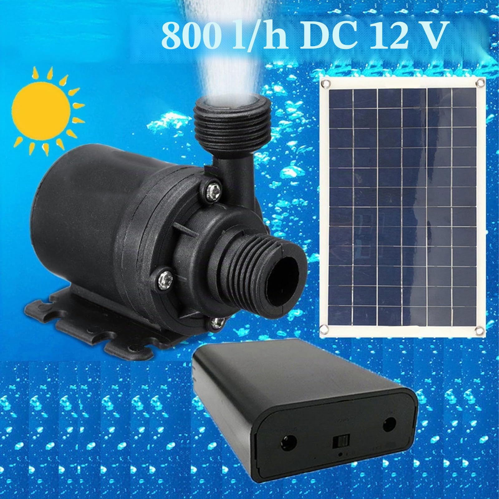 Solar-Wasserpumpe Solar-Brunnenpumpen-Set, 20W, 12V, mit Solarpanel, tauchfähig, max. Durchfluss 800 l/h, Förderhöhe 5 m, für Vogelbad, Fischteich, Garten, Hydrokultur