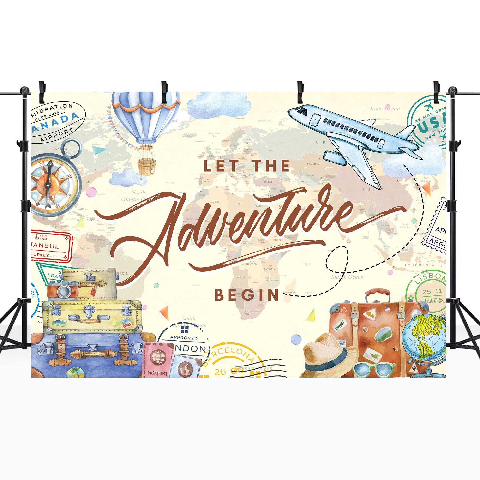Riyidecor Let The Adventure Begin Backdrop World Map Adventure Awaits Decorations Airplane 7Wx5H Feet Travel Hot Air Balloon Photography Background Graduation Birthday Baby Shower Photo Shoot Fabric