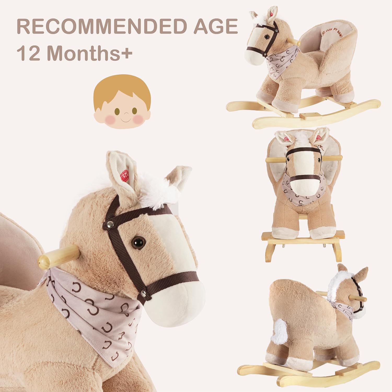 Rocking Horse, Baby Animal Rocking Horse with Seat, Ride on Horse, Plush Rocking Horse with Realistic Sound, Wooden Rocking Horses Ages 1-3 (Caramel Color Horse), CPC Certified