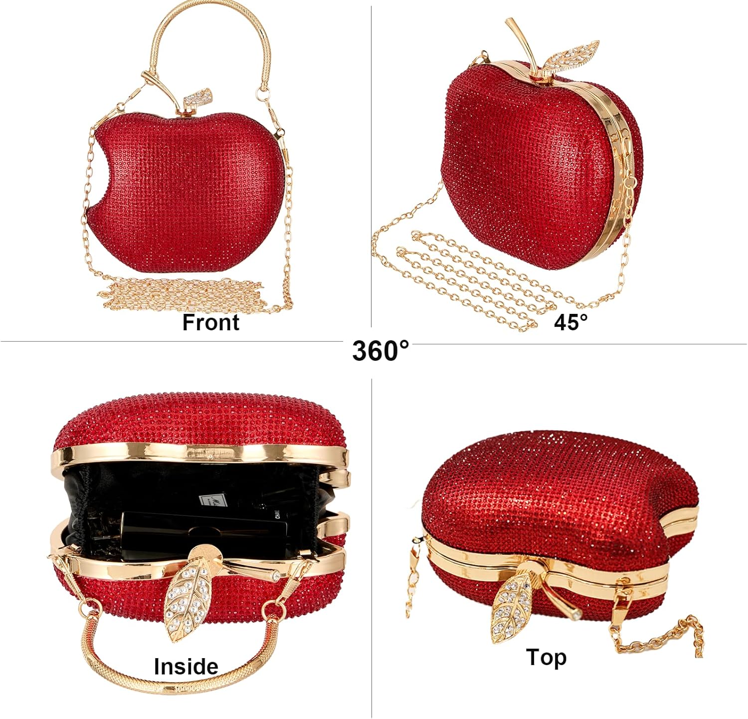 Red Rhinestone Apple-Shaped Evening Clutch Purse for Women, Crossbody Bag with Detachable Chain, Elegant Party Handbag for Prom Wedding Dinner Accessories - Image 3