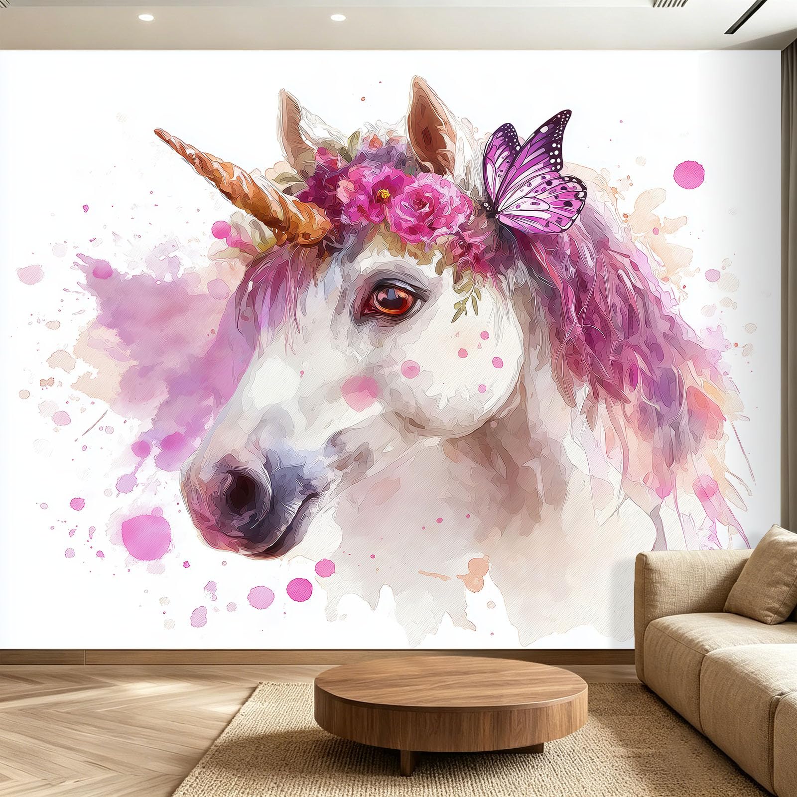 Fototapeta, fantazyjne zwierzęta, 138in x 101in / 350 x 256 cm, włóknina, wysokiej jakości biały jednorożec i żywy wieniec kwiatowy, nadruk, dekoracja domu, DIY, dekoracja, plakat, dekoracja ścienna