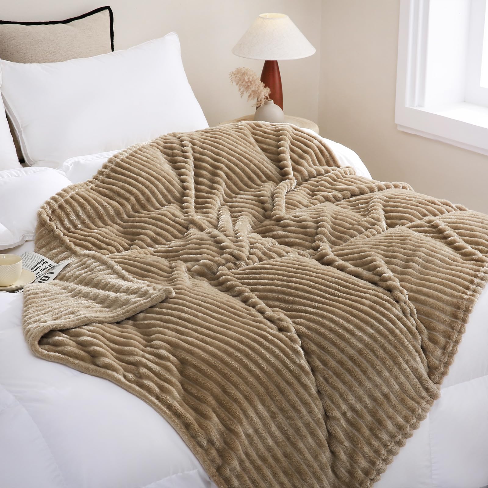Linecooo Tan Fleece Throw Blanket 90”×90” for Couch Sofa Bed,Super Soft Cozy Plush Microfiber Flannel Blanket with Stripes Design Lightweight for Adults,Woman,Girls