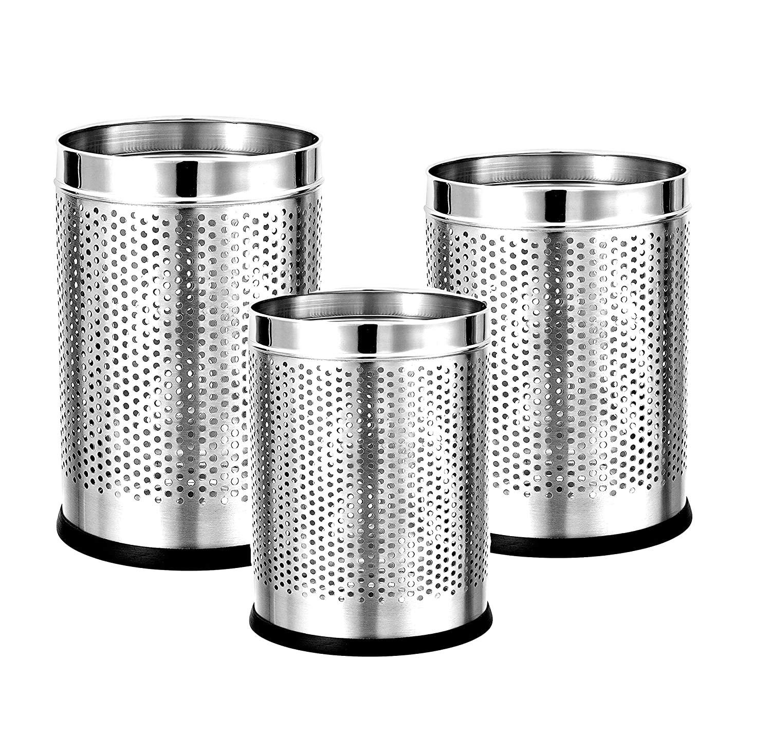 Mofna New Stainless Steel Perforated Open Dustbin Set of 3Pcs, 6 Liter | 10 Liter |18 Liter Silver Color use for Home, Office, etc.