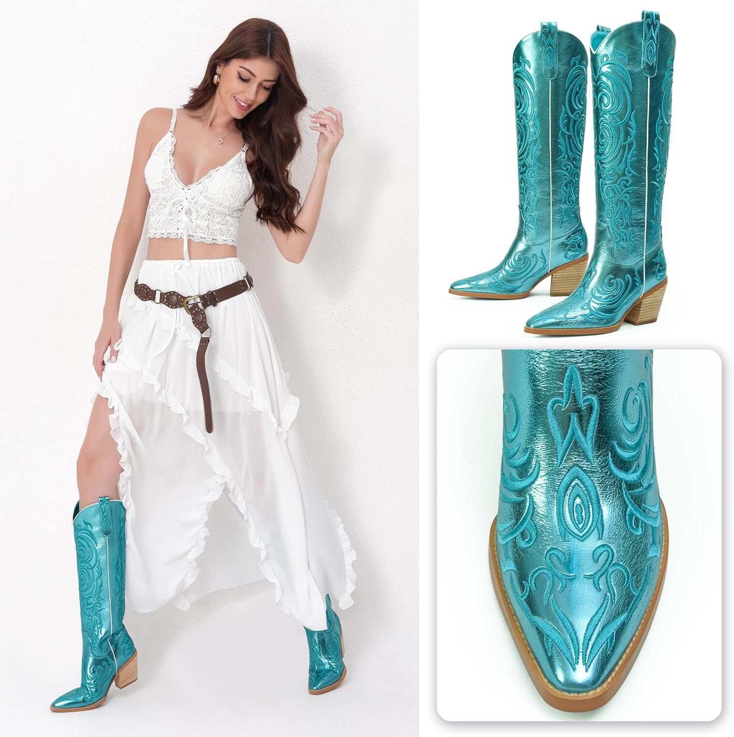 iiimmu Cowgirl Boots Women Knee High Pointed Toe and Block Heel Cowboy Faux Leather Boots with Embroidered