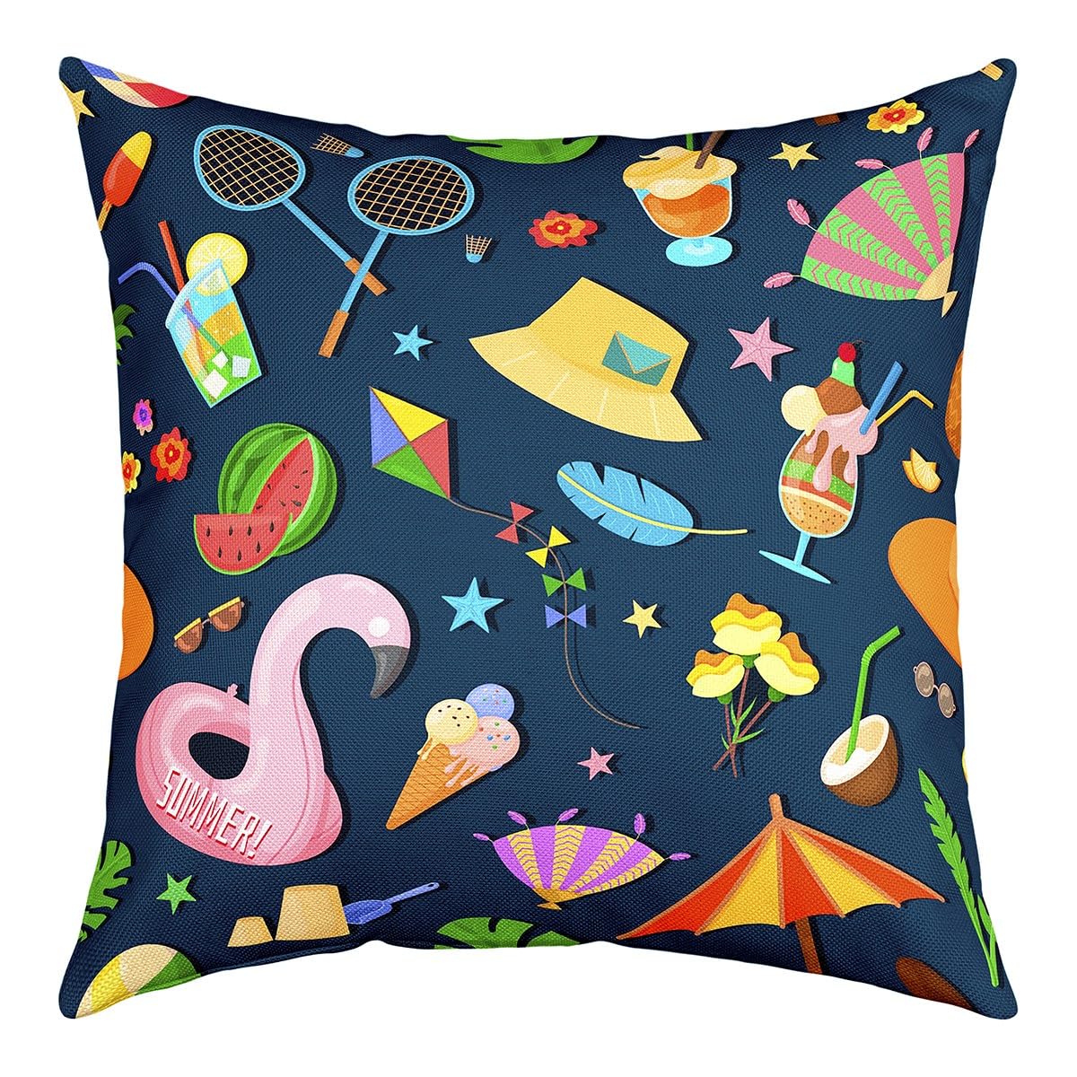 richhome Summer Sea Pillow Cover 18"x18",Seaside Sunshade Umbrella Life Buoy Reversible Throw Pillow Cover Case,Coastal Beach Sandcastle Fruits Ice Cream Square Cushion Cover Set for Bedroom
