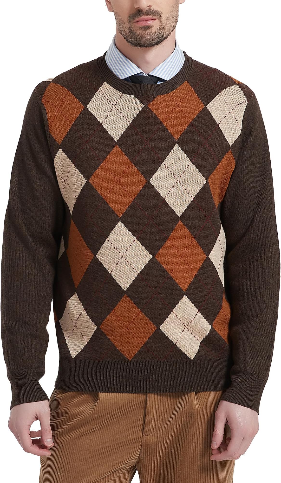 KallspinMen's Crewneck Argyle Knit Jumpers Wool Blend Long Sleeve Sweater Pullovers