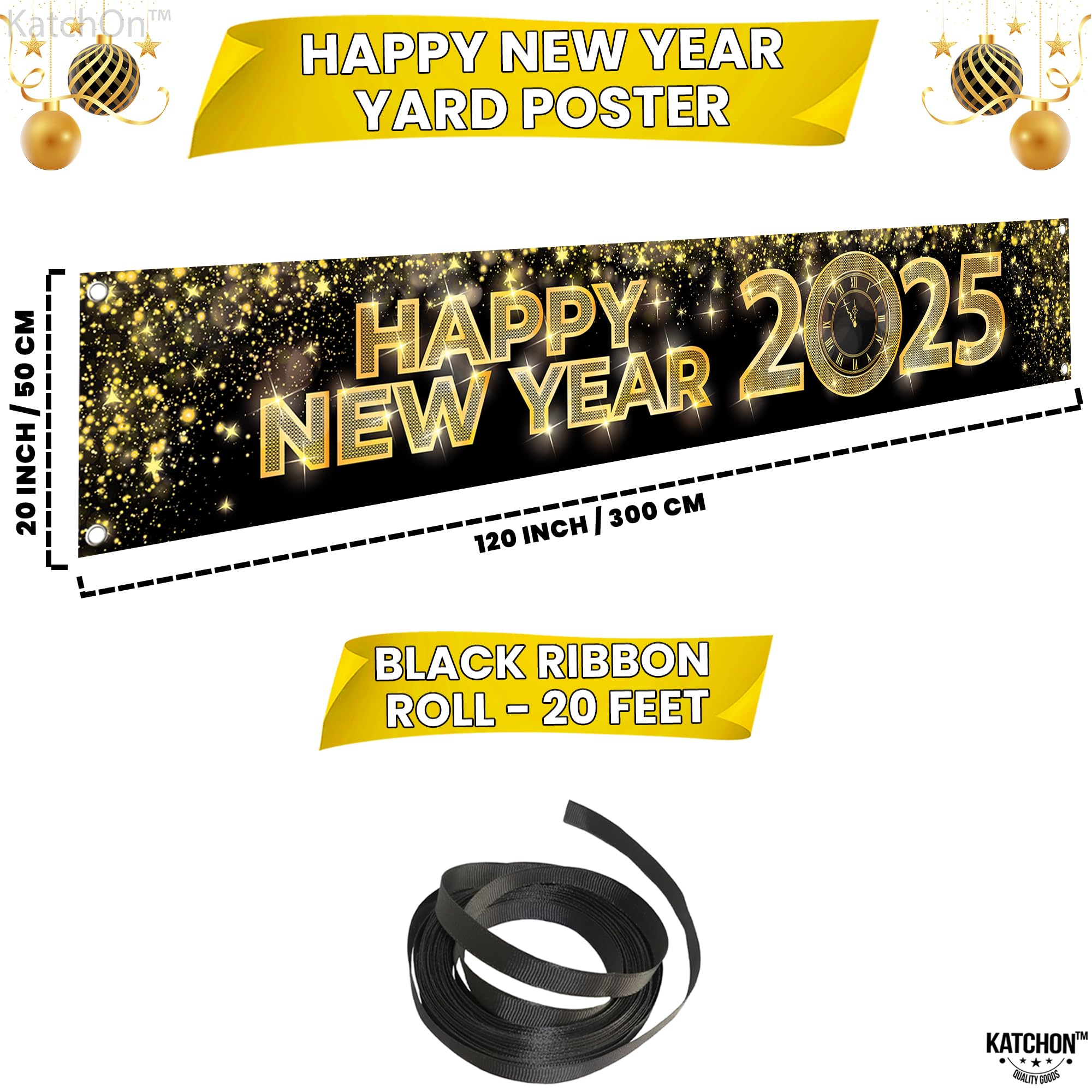 KatchOn Happy New Year Yard Banner 305x50 Cm - Schwarz-gold, Wiederverwendbar, Aus Stoff Für Silvester-Party Draußen & Drinnen