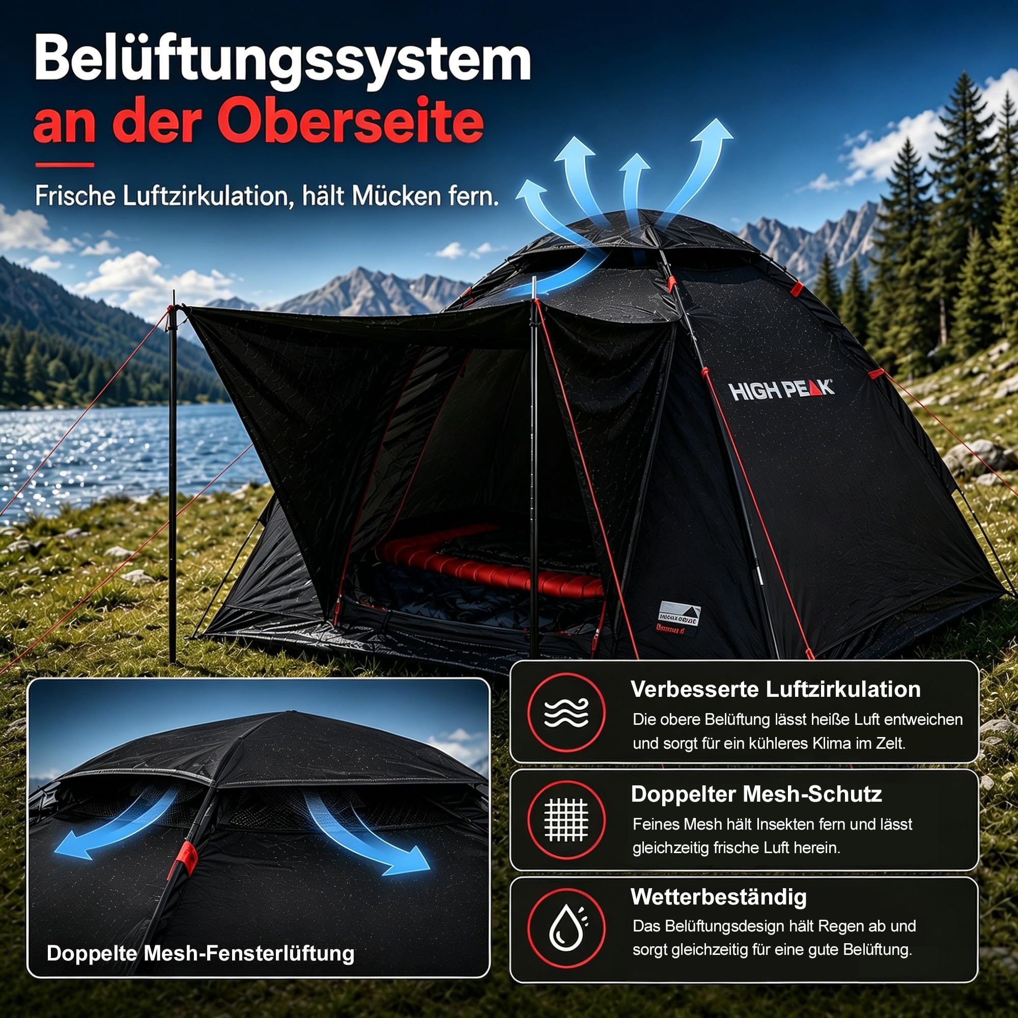 High Peak Kuppelzelt 3 Personen, leichtes Campingzelt mit offenem Vordach | 1500mm Wassersäule, Mesh-Eingang gegen Insekten, Dachbelüftung, 2,6kg, für Regenschutz, Festival, Wandern, Angeln, Reise