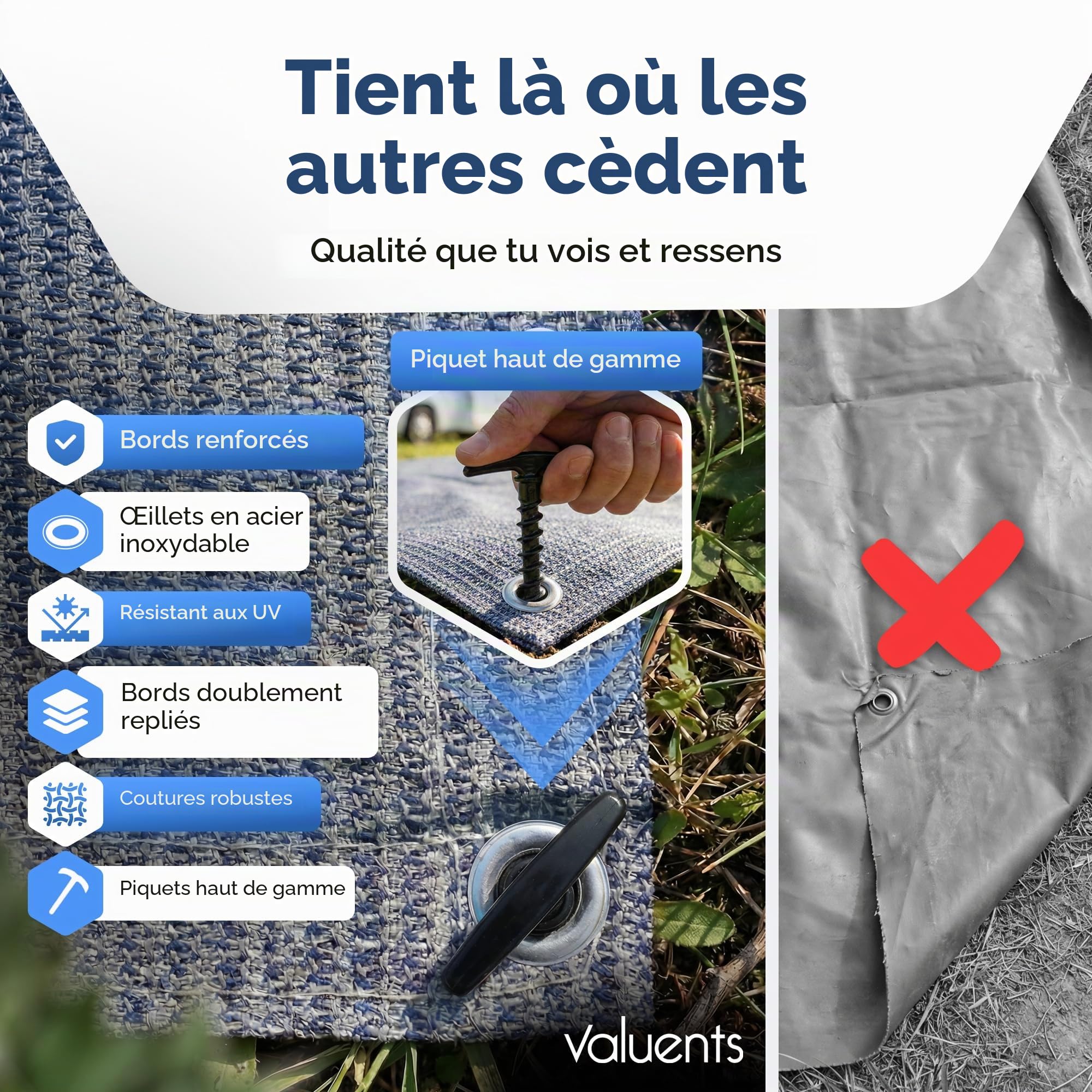 Tapis de camping extérieur pour auvent - Bleu/gris - Différentes tailles - avec sac de transport, corde à linge et 8 piquets en T