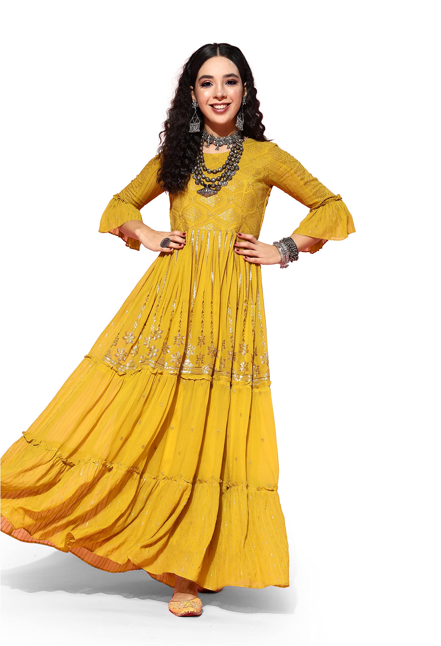 LYMI LABEL Georgette Sequence Zari Embroidered Mirror Work Flared A-Line Frilled Gown For Women