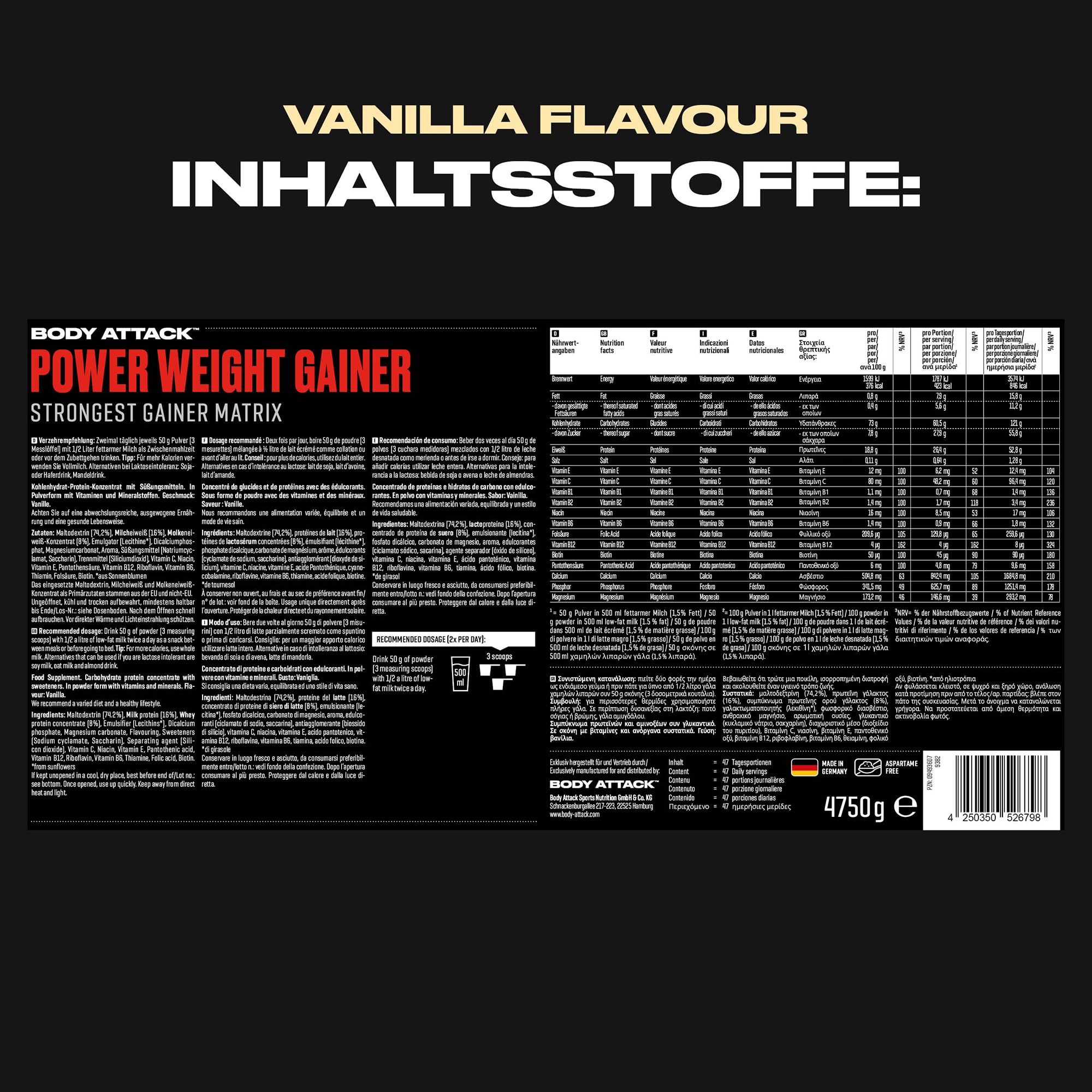 Body Attack Power Weight Gainer Complément pour Sportif Vanille