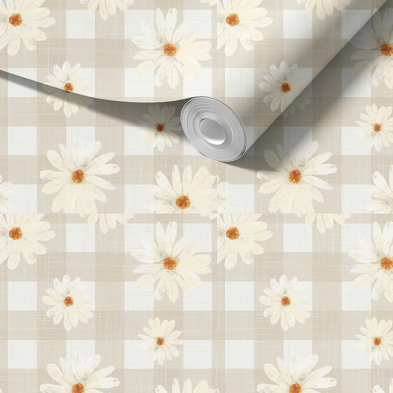 RollsRolla Plaid Beige Peel and Stick Wallpaper - Floral Daisy Design - Botanical Farmhouse Self-Adhesive Wallpaper