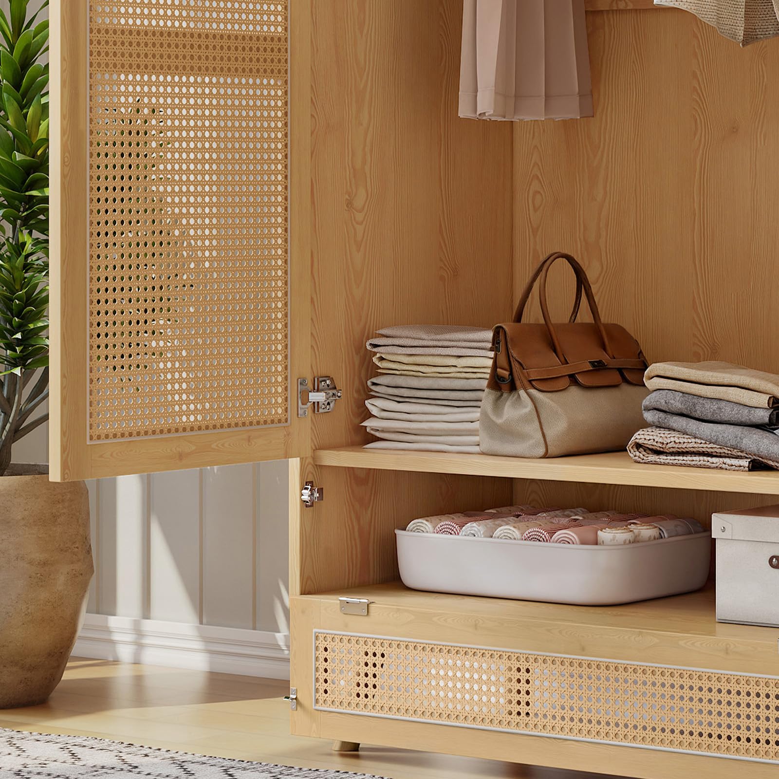 Armoire Chambre,Armoire avec penderie, Armoire 2 Portes, Chambre, Filet en rotin, Salon, avec Couvercle inférieur Rabattable, Panneaux de Particules et rotin PE