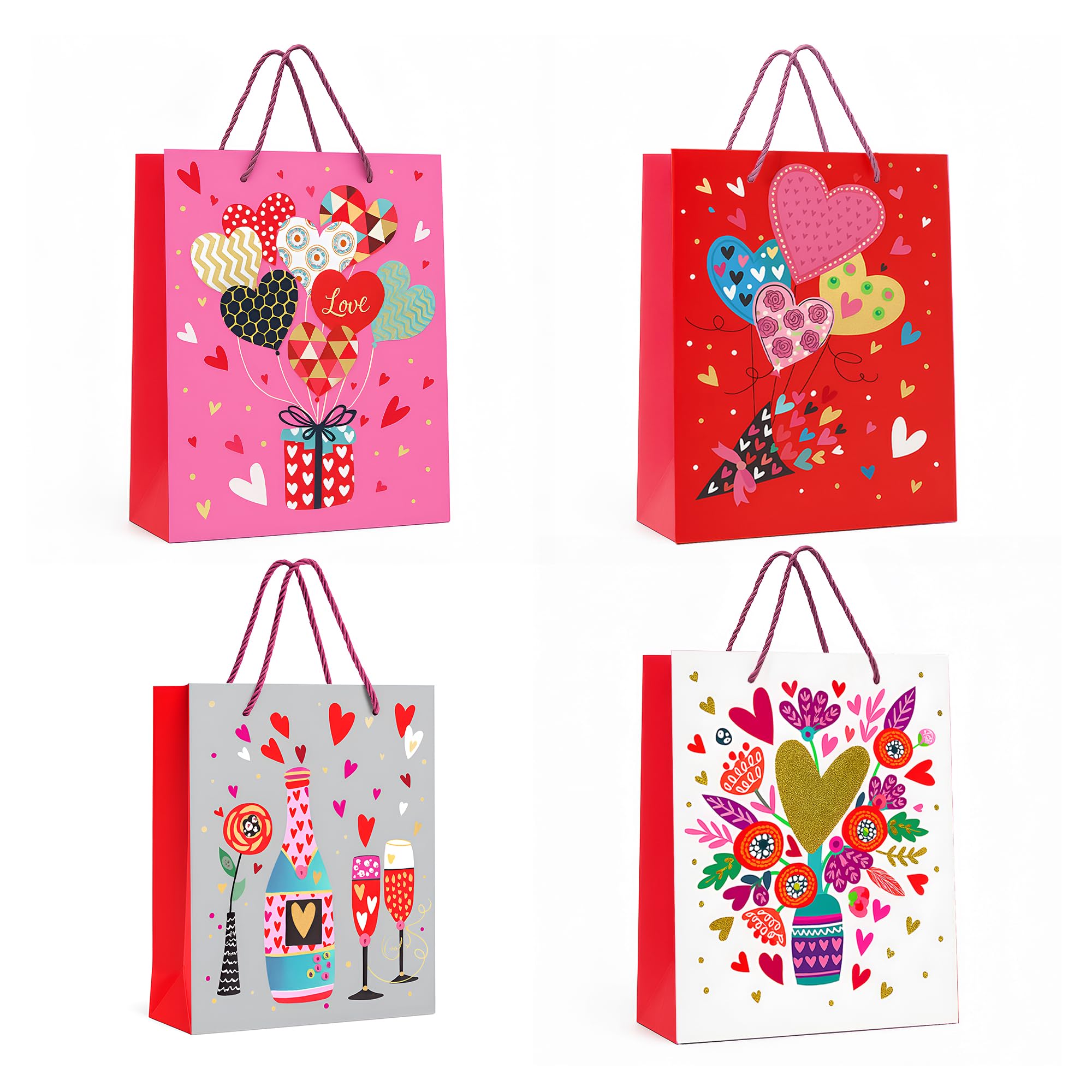 12Pcs Medium Gift Bag for Present 4 Different Assorted Flat Gold Dust Gift Bag 26x32x10 CM with Handles Love Bag 2 for Kids Adults Ideal for Presents Parties Birthdays Weddings Baby Showers