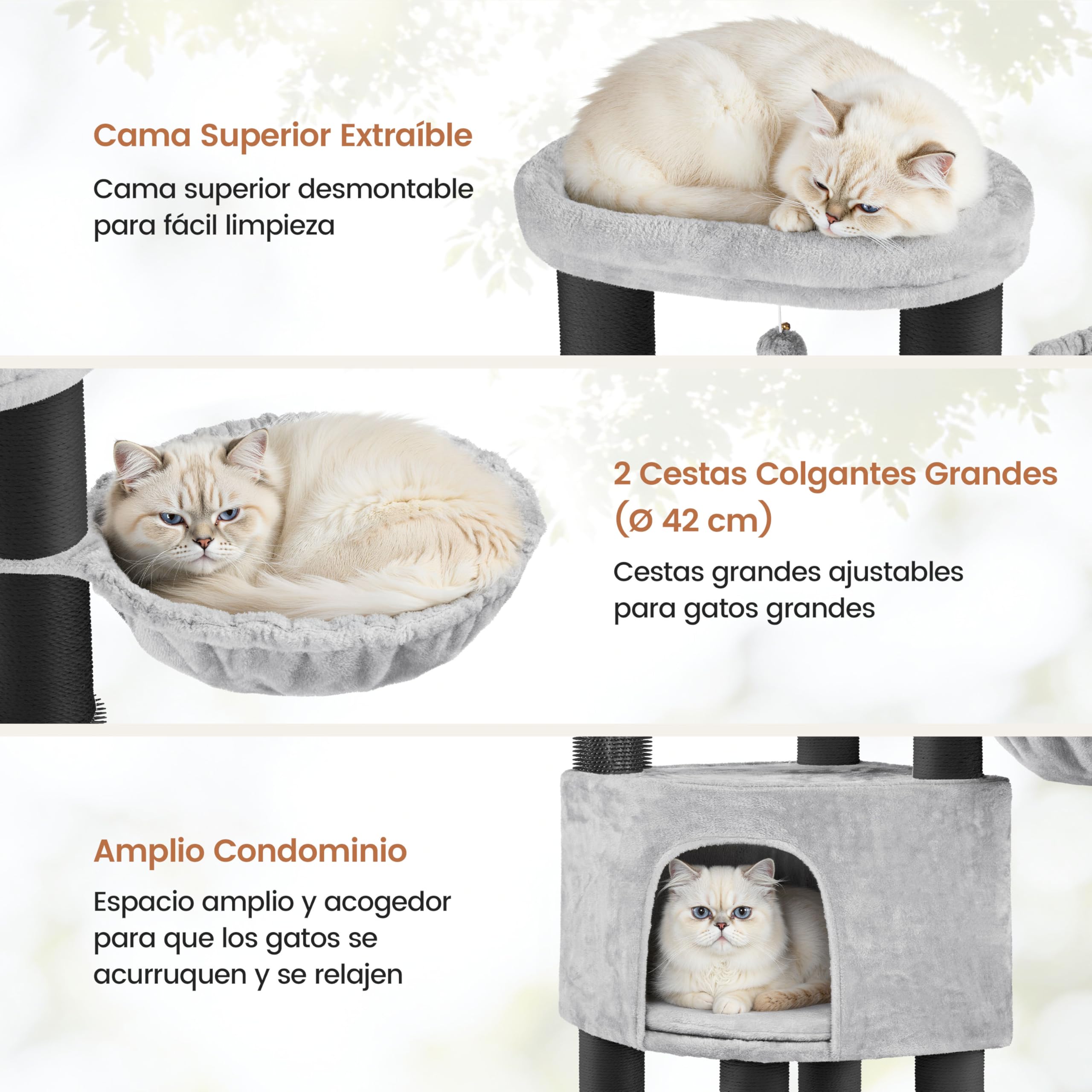 Árbol para Gatos Multinivel Torre Rascadora para Gatos con Postes Rascadores Gruesos 2 Cepillos Rodillos Percas Condominio Cestas Bola Colgante para Gatos Grandes Gris Claro/Negro