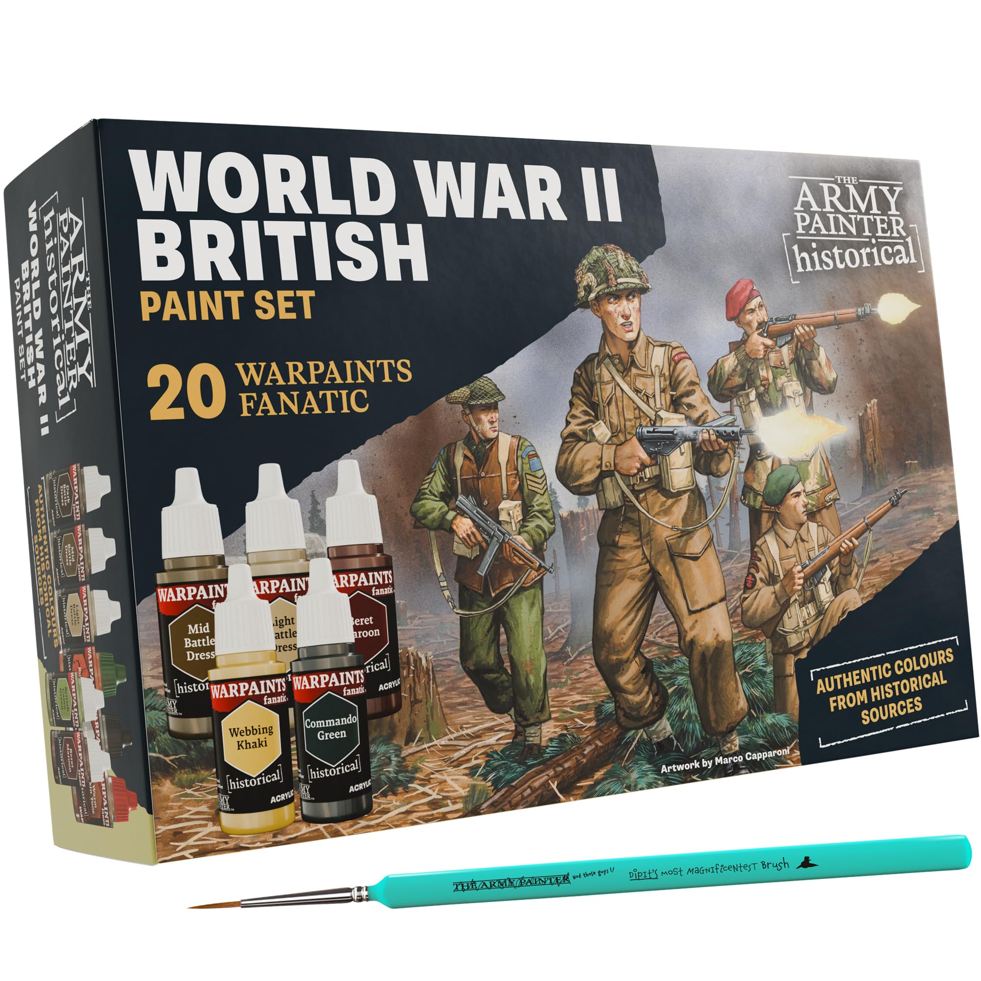 The Army Painter, Historical WWII British Paint Set Combo, 20 x 18 ml | 14 acrilici, 4 wash, 1 effetto, 1 metallico e 1 pennello Dipit, per le forze armate britanniche
