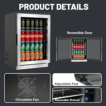 20 Inch Under Counter Beverage Fridge with Glass Door, Beverage Refrigerator Cooler 120 Can,Built in or Freestanding,Fast Cooling,Quiet 39 dBs,Blue LED Light Cooler for Bar, Home, Office