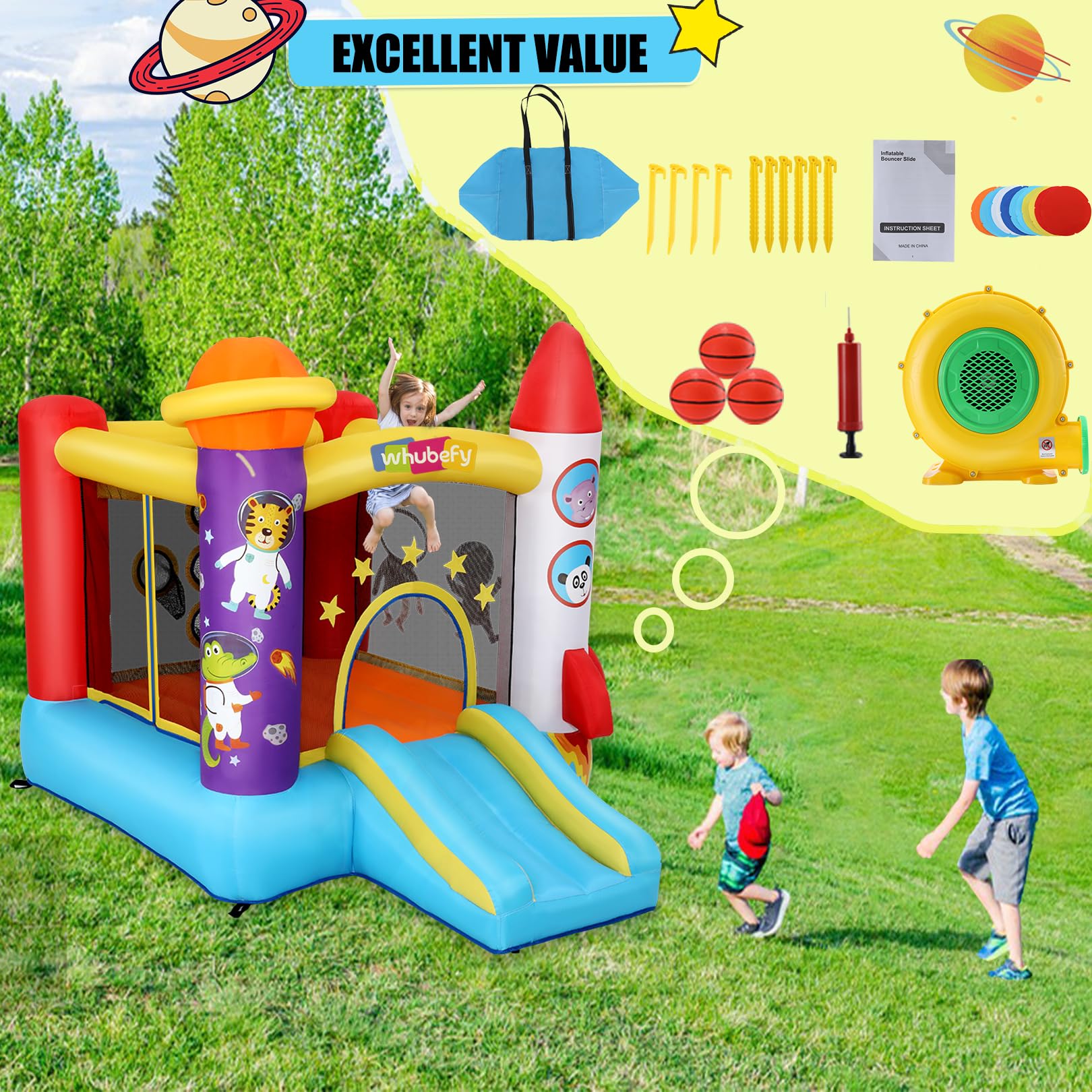 Castello gonfiabile per bambini (2 – 8 anni), castello gonfiabile con soffiatore, area giochi astronauti e area di tiro, castello gonfiabile a razzi per feste interne ed esterne!
