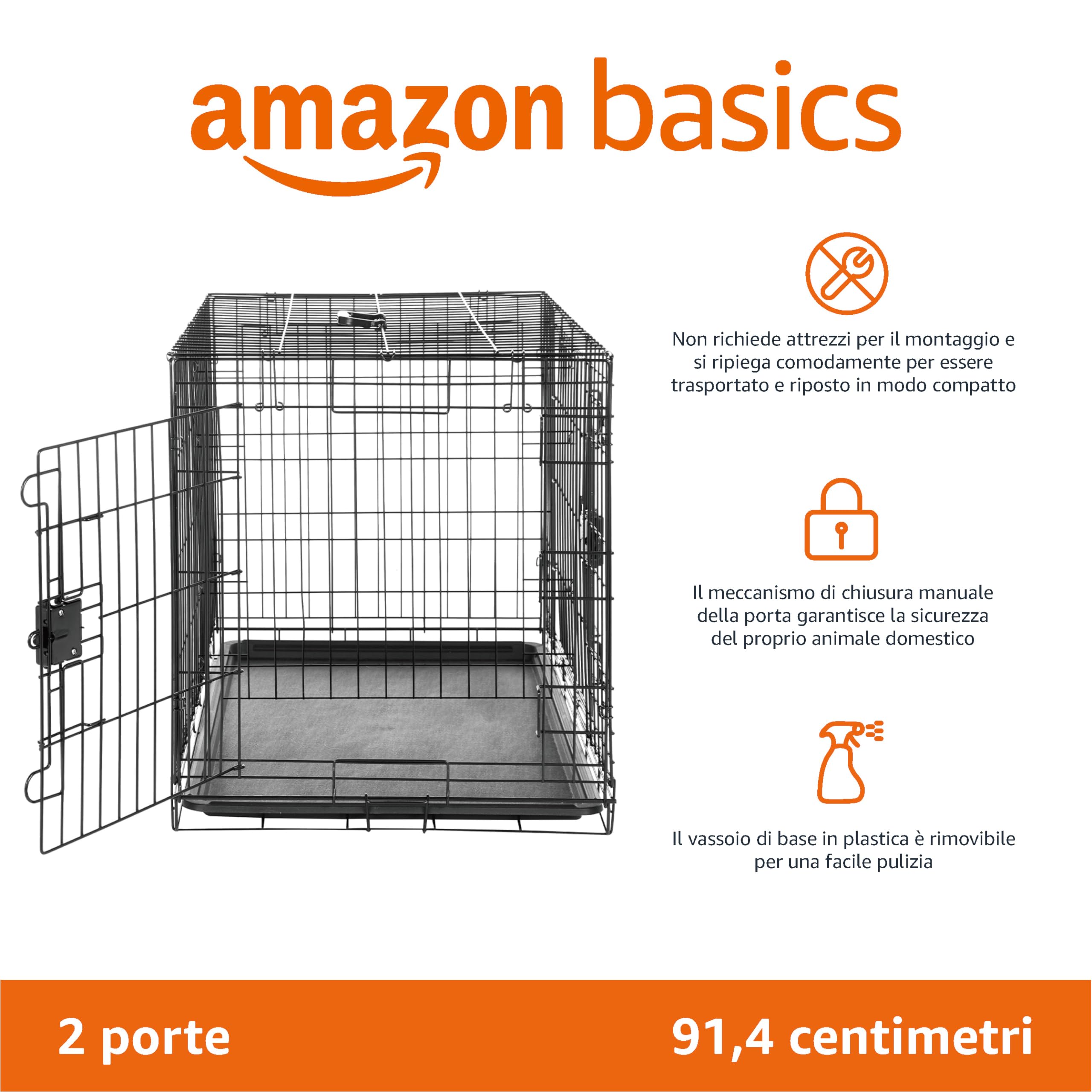 Amazon Basics Gabbia per cani in metallo, Pieghevole,Rimovibile, con vassoio di base e doppio sportello, Nero, 91 x 58 x 64 cm