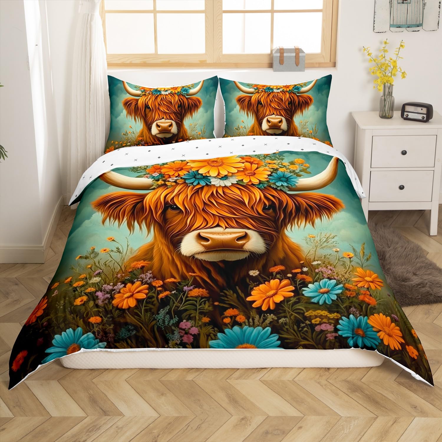Homemissing Highland Cow Duvet Cover Set King Size For Kids Boys Girls Teens Farmhouse Animal Decor Bedding Set Highland Cattle Comforter Cover with 2 Pillowcases Daisy Floral Print Bed Sets