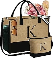 YOOLIFE Personalized Initial Jute Tote & Makeup Bag Set - Embroidered Custom Gifts for Women, Mom, Wife, Birthday, Teacher