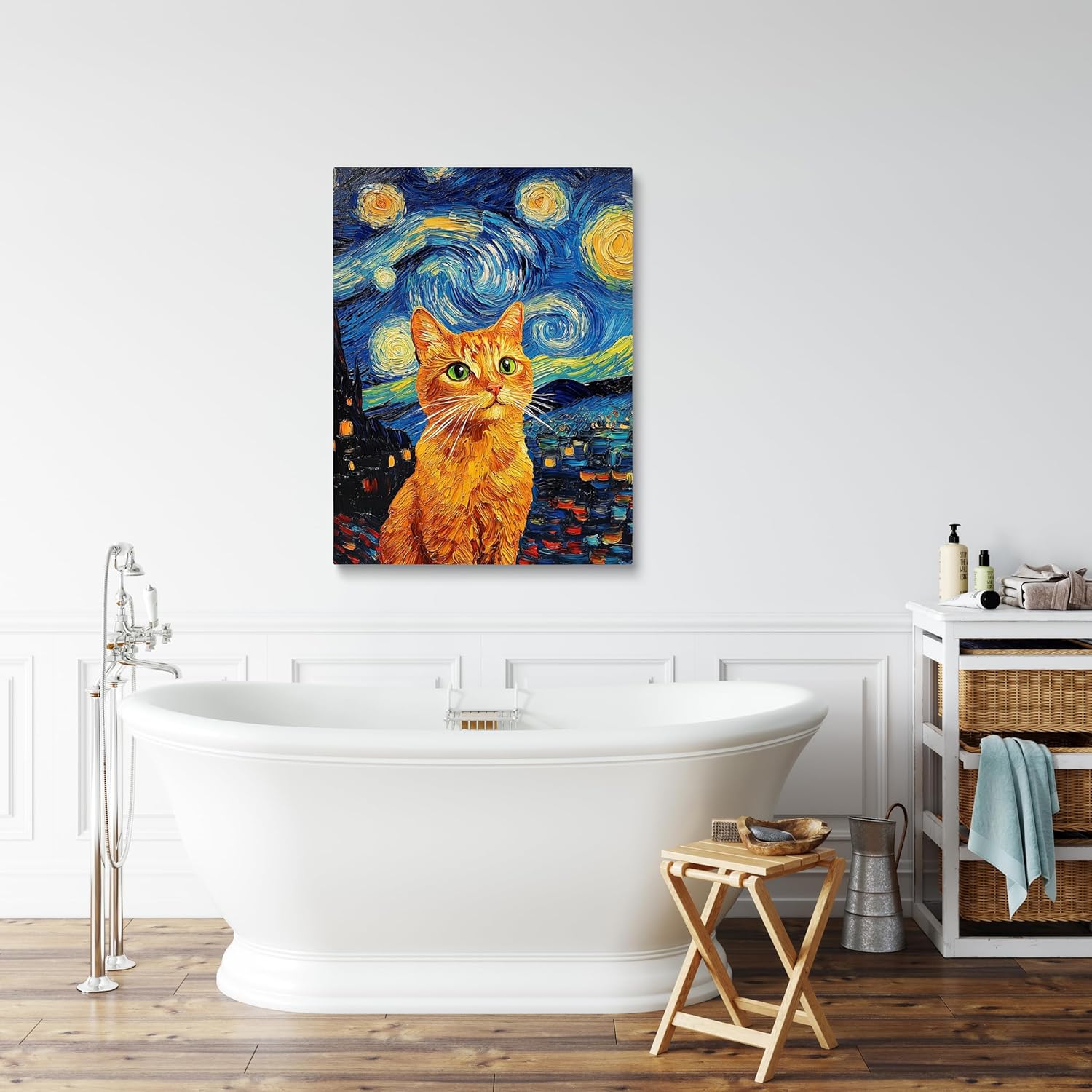 Framed Retro Van Gogh Starry Night With Funny Cat Canvas Prints Wall Art Night Starry Pictures Paintings Poster Canvas Wall Decor for Living Room Bedroom Wall Decorations Ready to Hang (12''X16'')