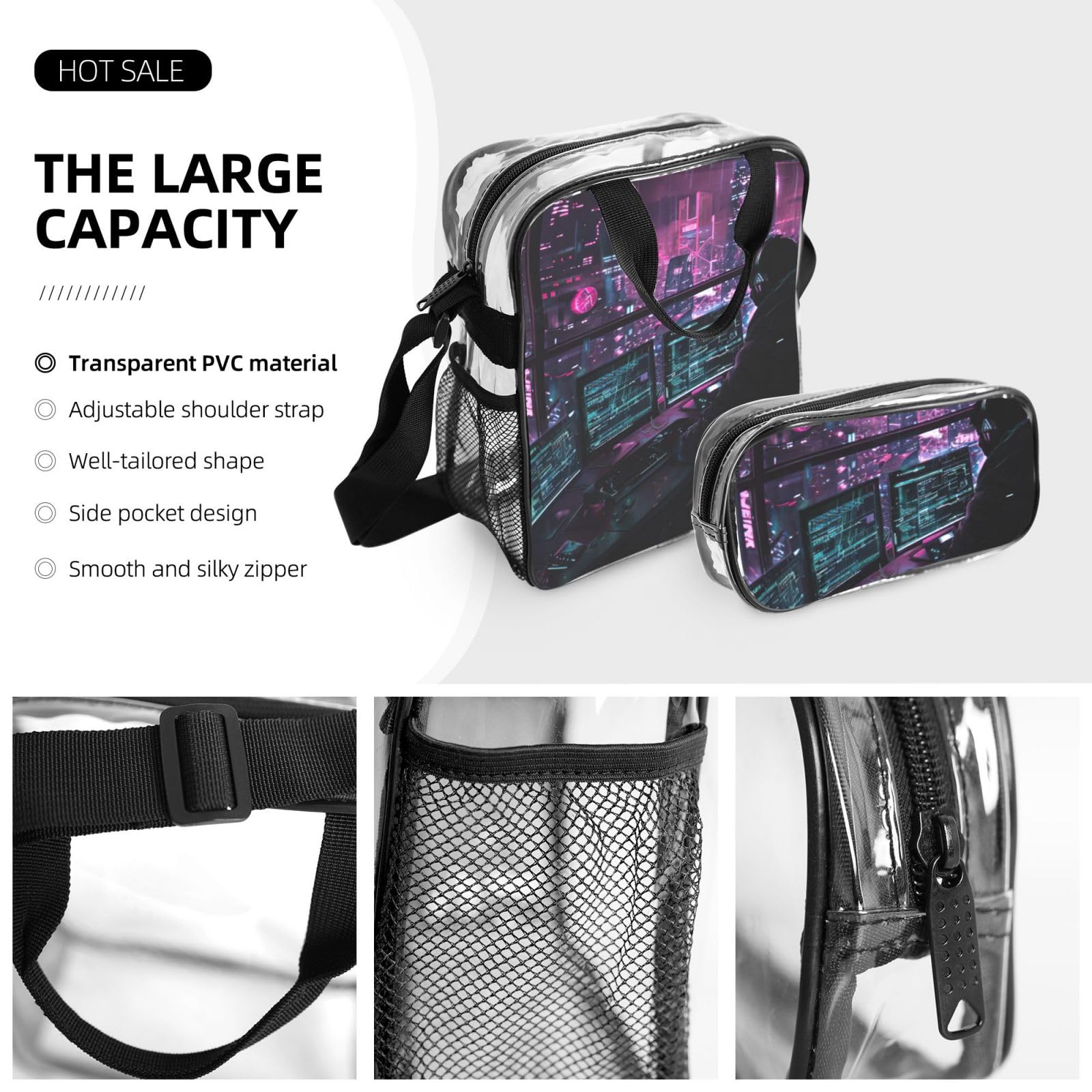 Hacker Era Print 3-teiliges transparentes Rucksack-Set für Reisen, Outdoor-Abenteuer, Urlaub, transparente Tasche