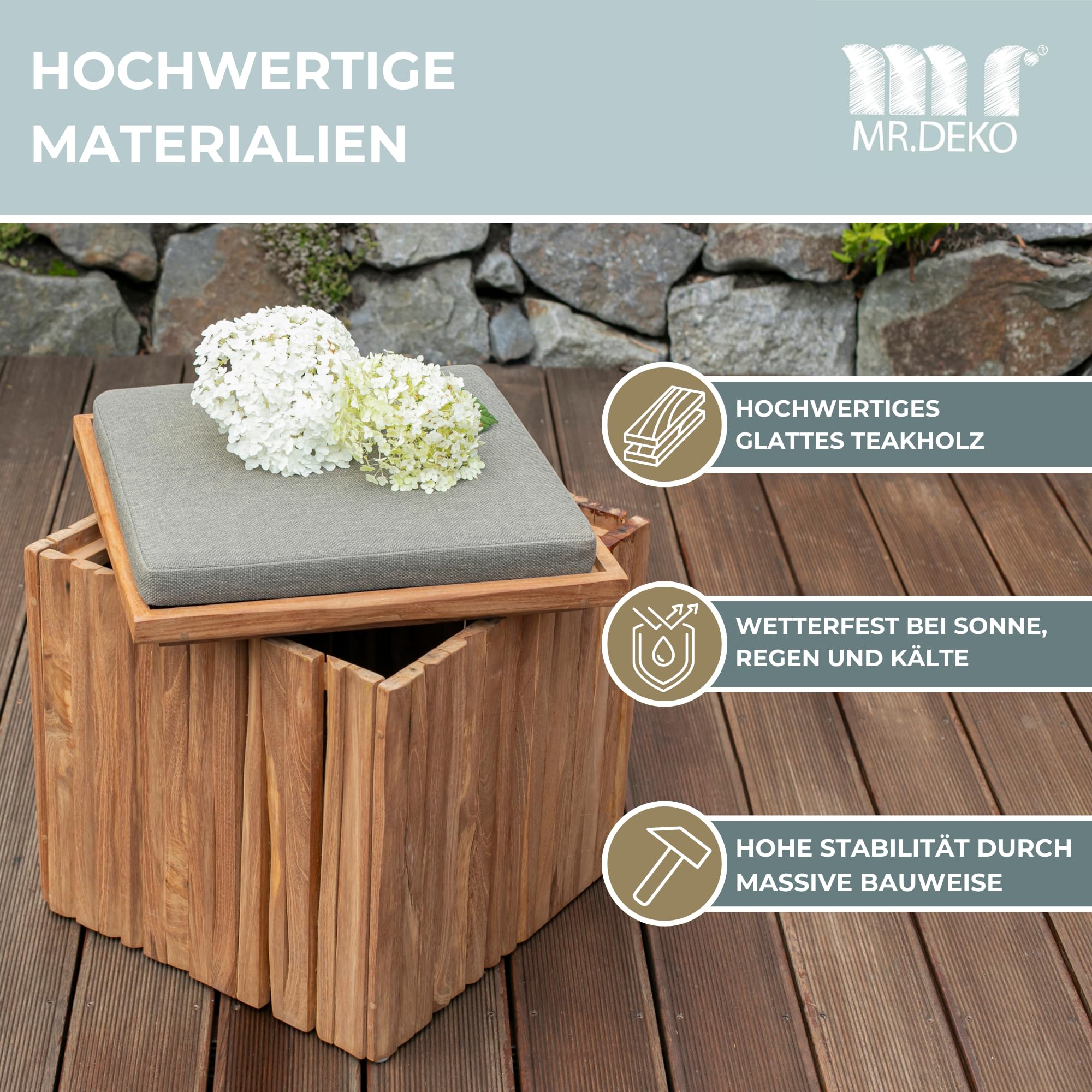 MR. DEKO Teakbox Oxford Sitzhocker inkl. Sitzkissen | Teak Holz Gartenhocker Wetterfest | Auflagenbox Klein Massivholz Teakholz | Beistelltisch Garten Stauraum | Sitzbox Balkon 45x45 cm