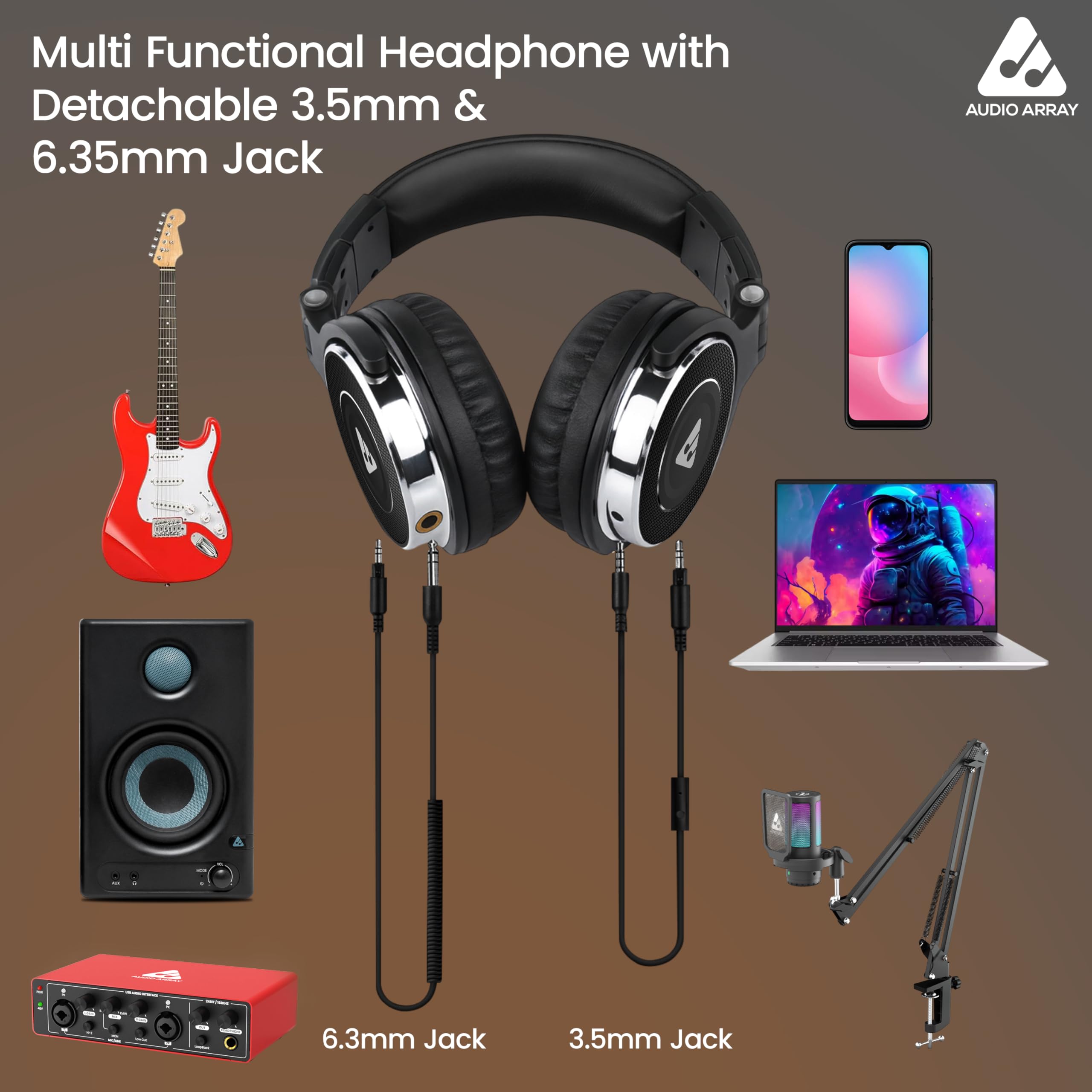 Audio Array AH-50 Profesjonalne słuchawki monitorujące DJ 50 mm | technologia portu udostępniania | składane, lekkie | podwójne odłączane kable z mikrofonem i kontrolami | dla DJ-ów, nagrywania