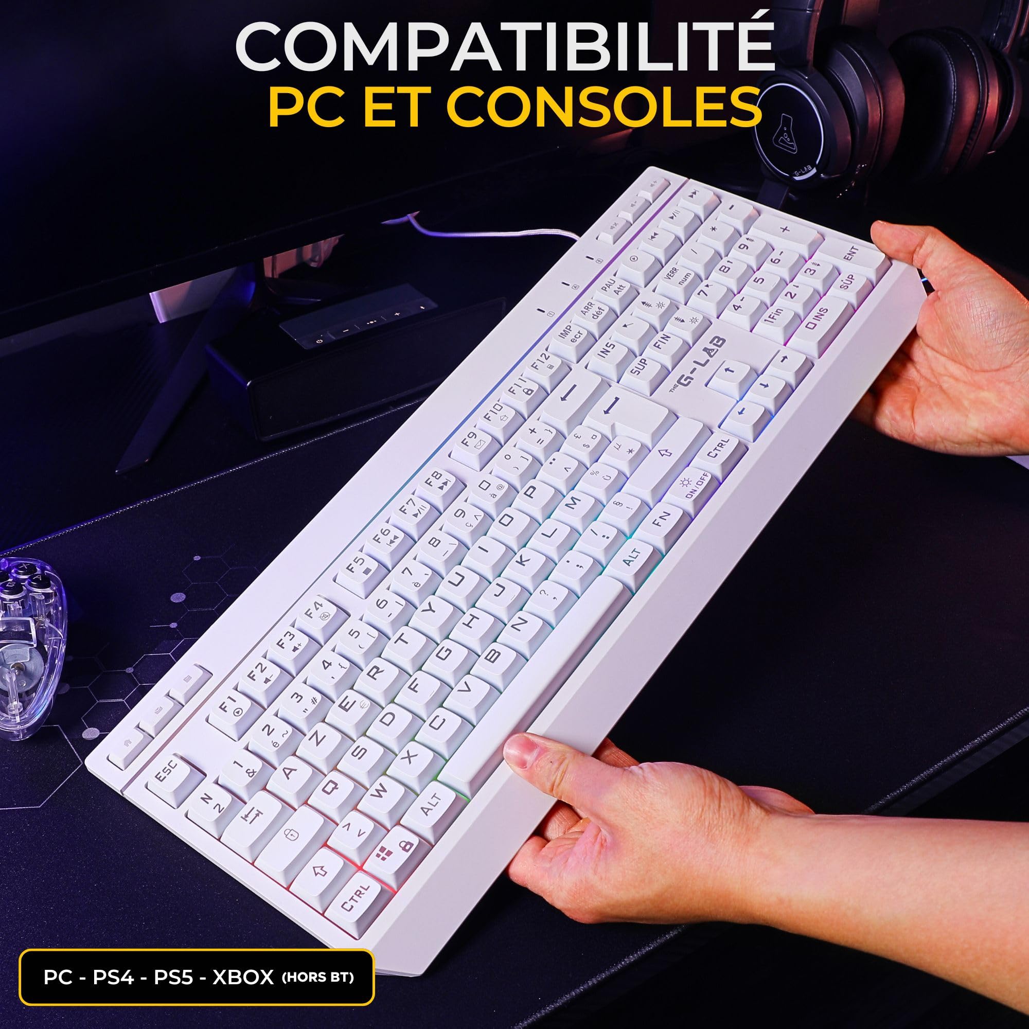 The G-Lab - Tungsten EX Combo - Zestaw klawiatury bezprzewodowej - potrójne połączenie 2,4 GHz/BT/przewodowe - AZERTY FR Gamer Keyboard RGB & Makra Custom - Bezprzewodowa mysz do gier 6400DPI - PC/PS4