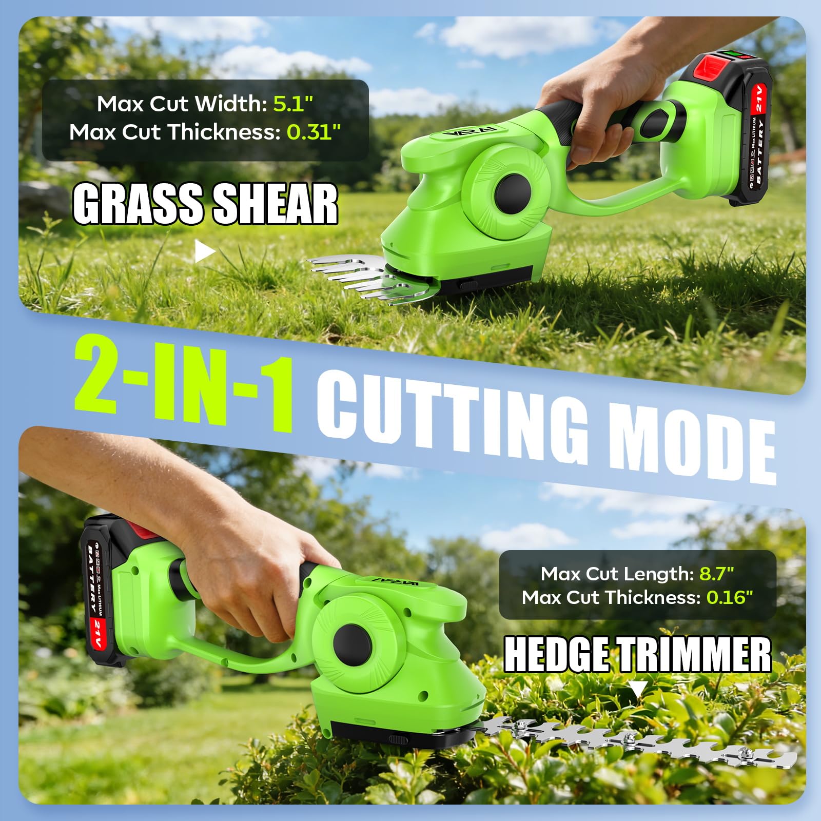 Supleap 2-in-1 600W 21V Battery-Operated Trimmer, Green view 2