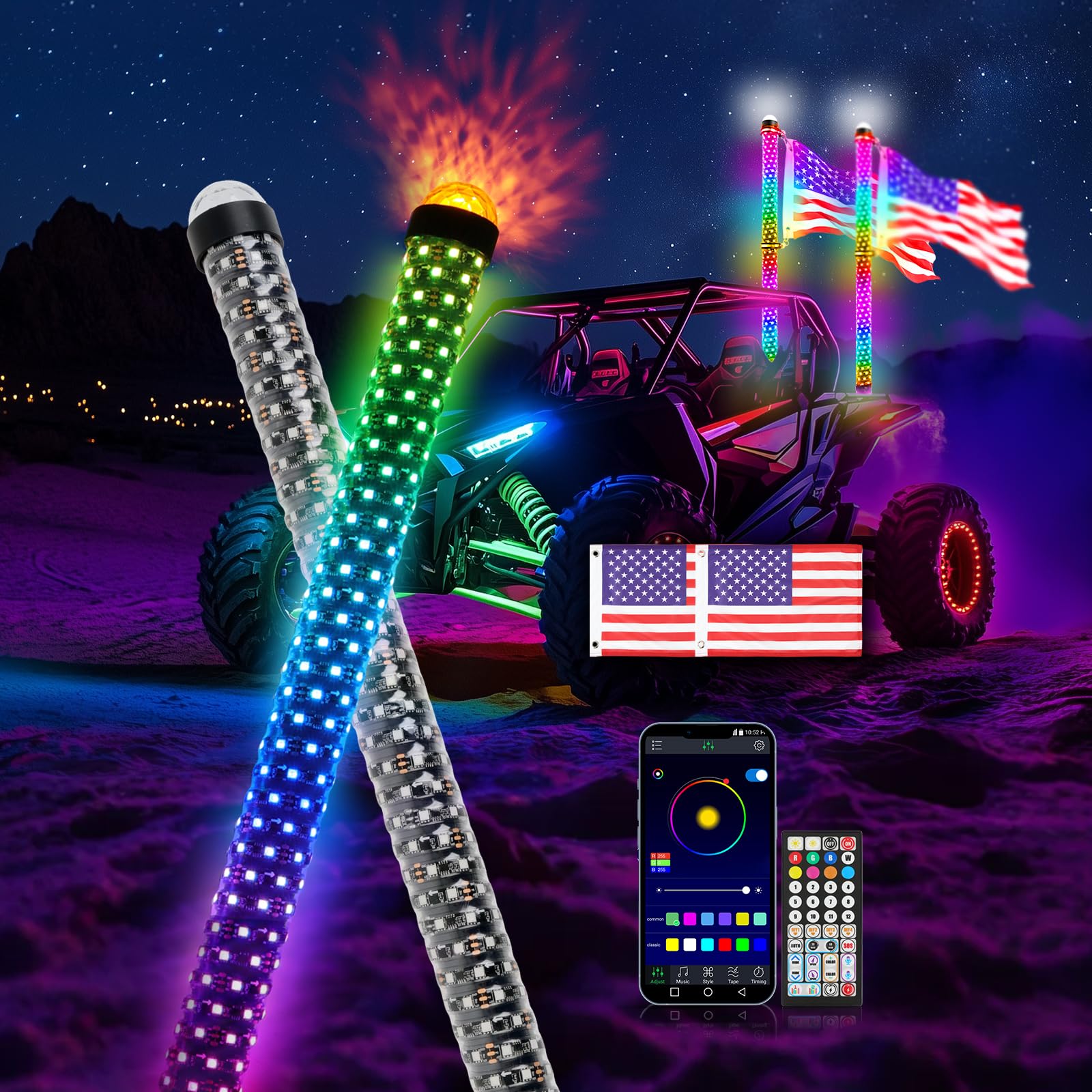 Photo 1 of DEERMOTO 2PCS 3FT Fat Whip Light with Warning Light Spiral RGB LED Whip Lights with APP&Remote Control,Chasing Lighted Antenna Whips for UTV ATV Can-Am X3 RZR Can-Am Polaris Buggy Jeep Offroad (3ft)