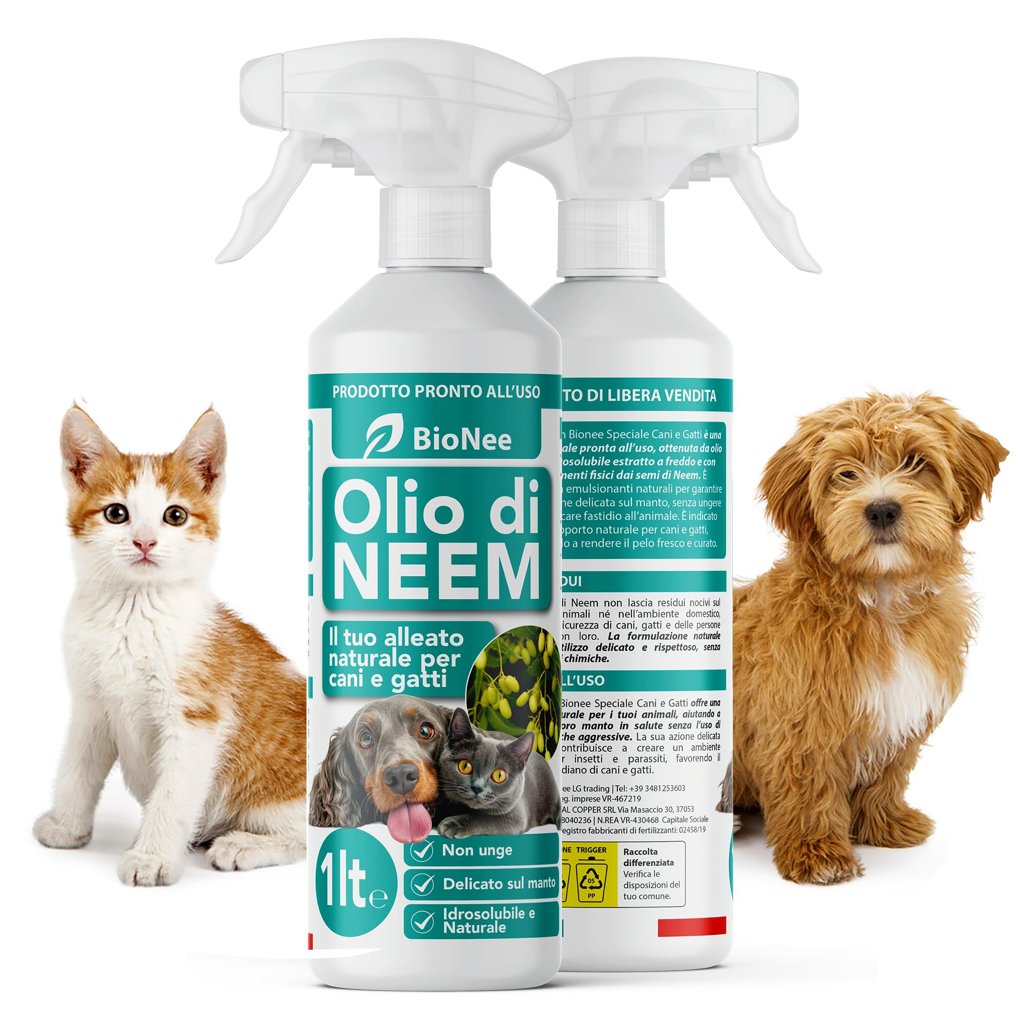 Huile de Neem pour Chiens et Chats Spray 1 L - Hydrosoluble, Naturel, Non Graisse - Action Délicate, Effet Barrière Dégoûté à Tiques Chiques Moustiques Insectes
