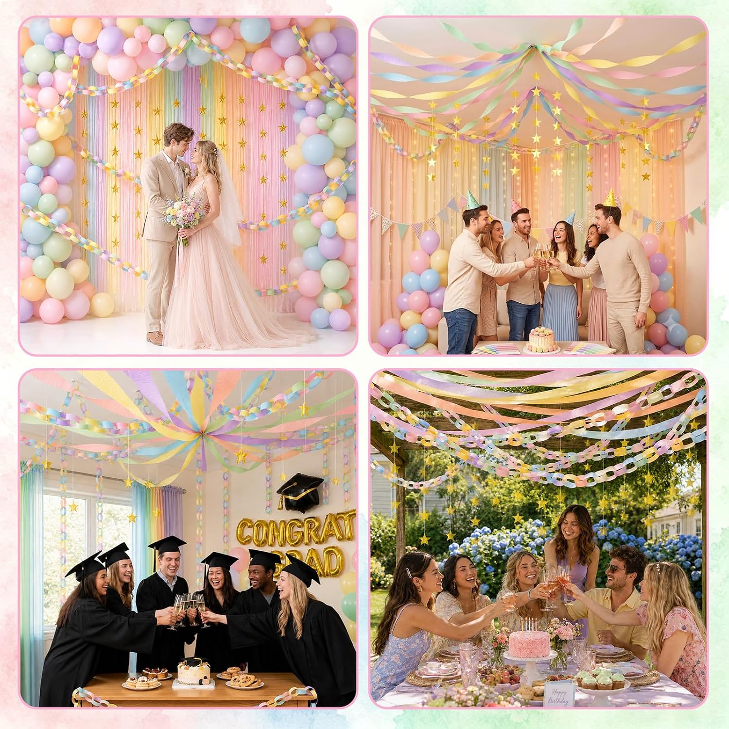Pastel Paper Chain Strips and Star Garland Streamers Party Decorations Set