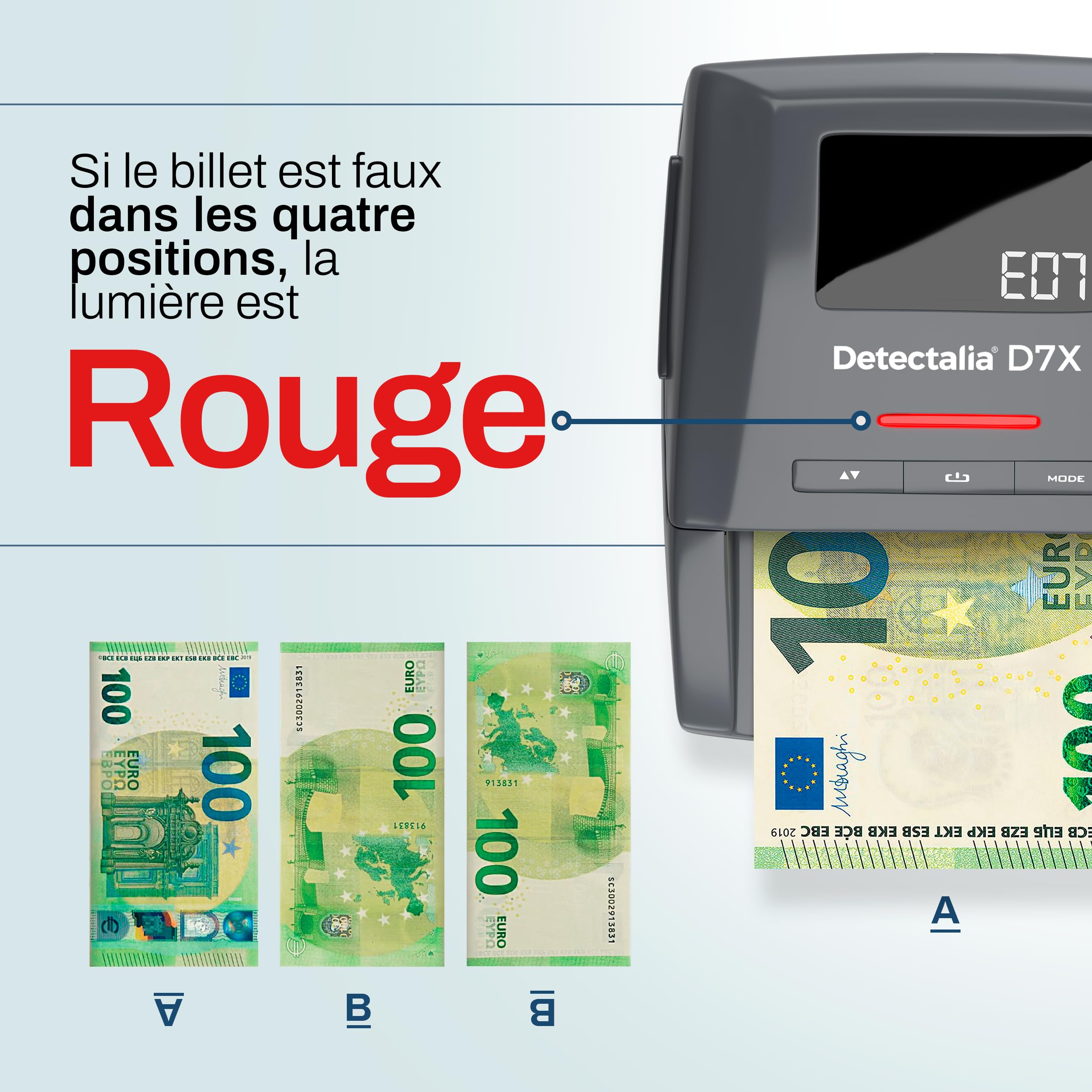 Detectalia D7X - Détecteur de faux billets avec 7 contrôles de détection. Compteur de billets un par un EUROS plus GBP, CHF, PLN, CZK et SEK - detecteur faux billets, euros 100%